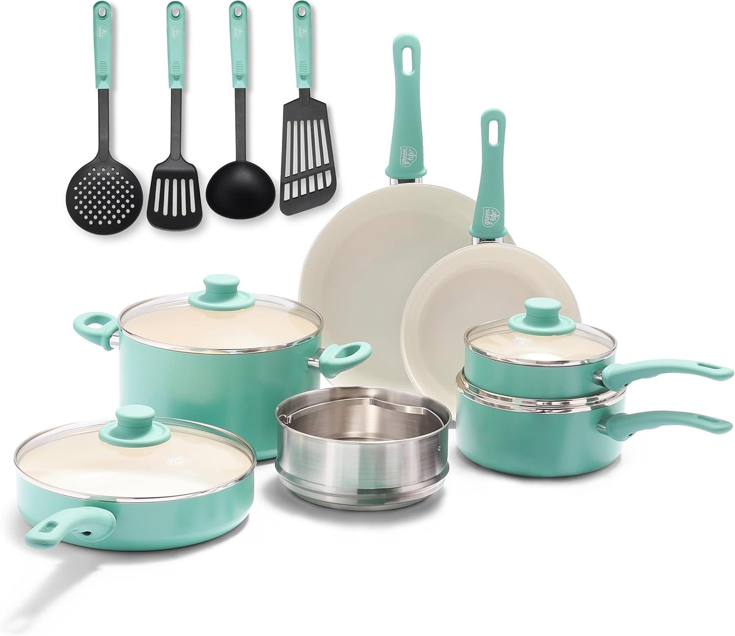 Turquoise 15-Piece Aluminum Nonstick Cookware Set with Glass Lids