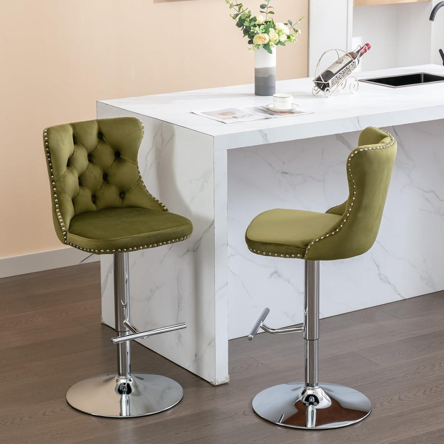 Olive Green Velvet Adjustable Swivel Bar Stools with Chrome Base