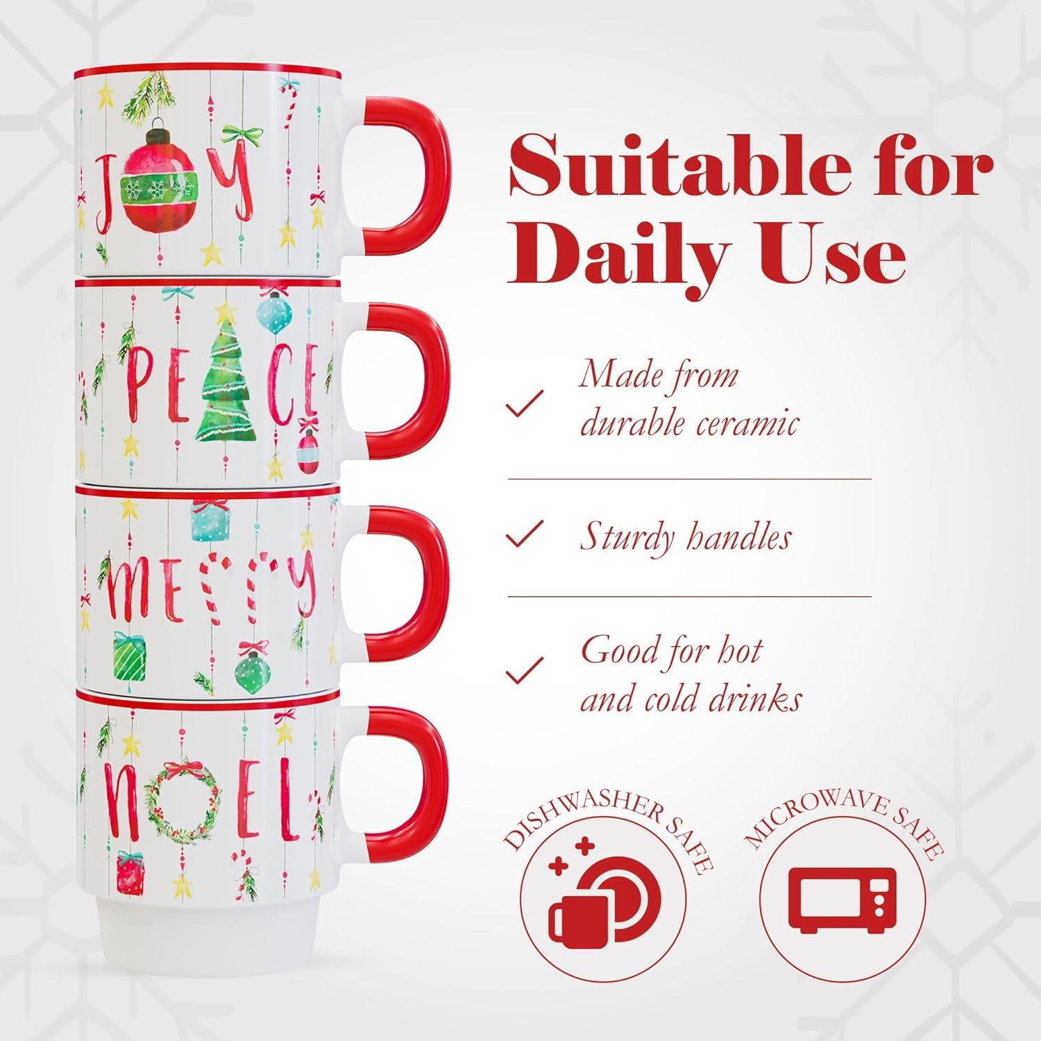 American Atelier 14 Oz Mug Set with Rack (Set of 4) - Stackable Ceramic Mugs, Holiday-Themed Coffee Cup Set for Coffee, Tea, Hot Chocolate - Microwave & Dishwasher Safe, Mug Set for Coffee Lovers