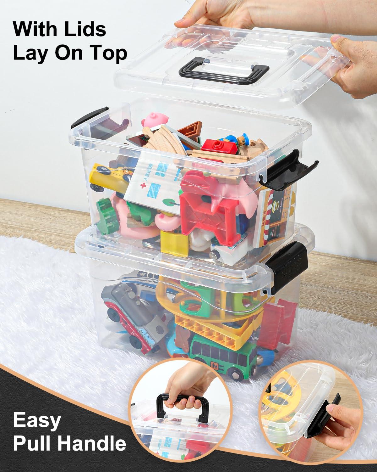 Plastic Storage Bins 7 Quart-Storage Organizer Bins with Black Buckle Lids, Stackable Storage Bins with Lids for Home Office Kids Room Closet School Art Supplies Organization,6 Packs, Clear