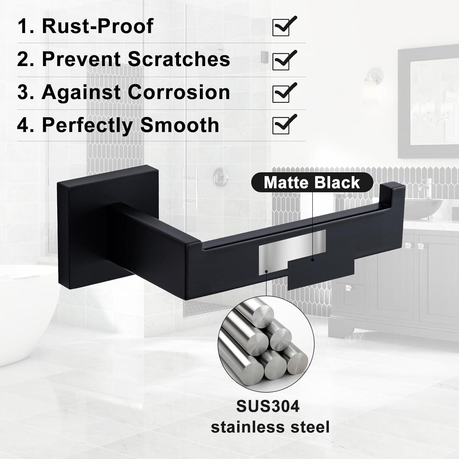 Bathroom Hardware Accessories Set Matte Black,5-Piece Black Towel Bar Set 16" Wall Mounted Towel Holder Stainless Steel-Includes Towel Bar,Robe Towel Hooks,Toilet Paper