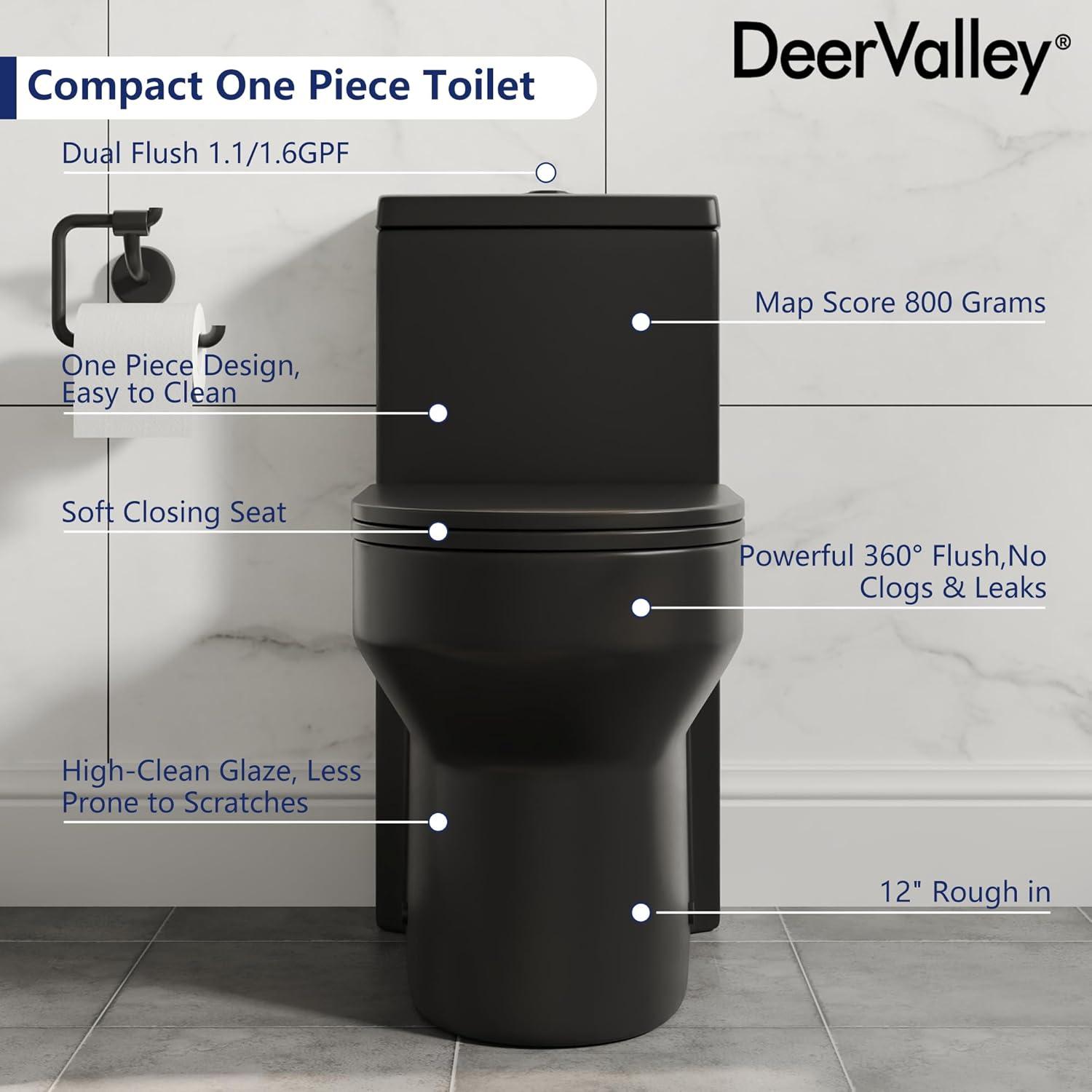 DeerValley Liberty Compact Toilets One-Piece Toilet With High-Efficiency Flush Round Toilet for Space-Saving Floor Mounted (Seat Included)