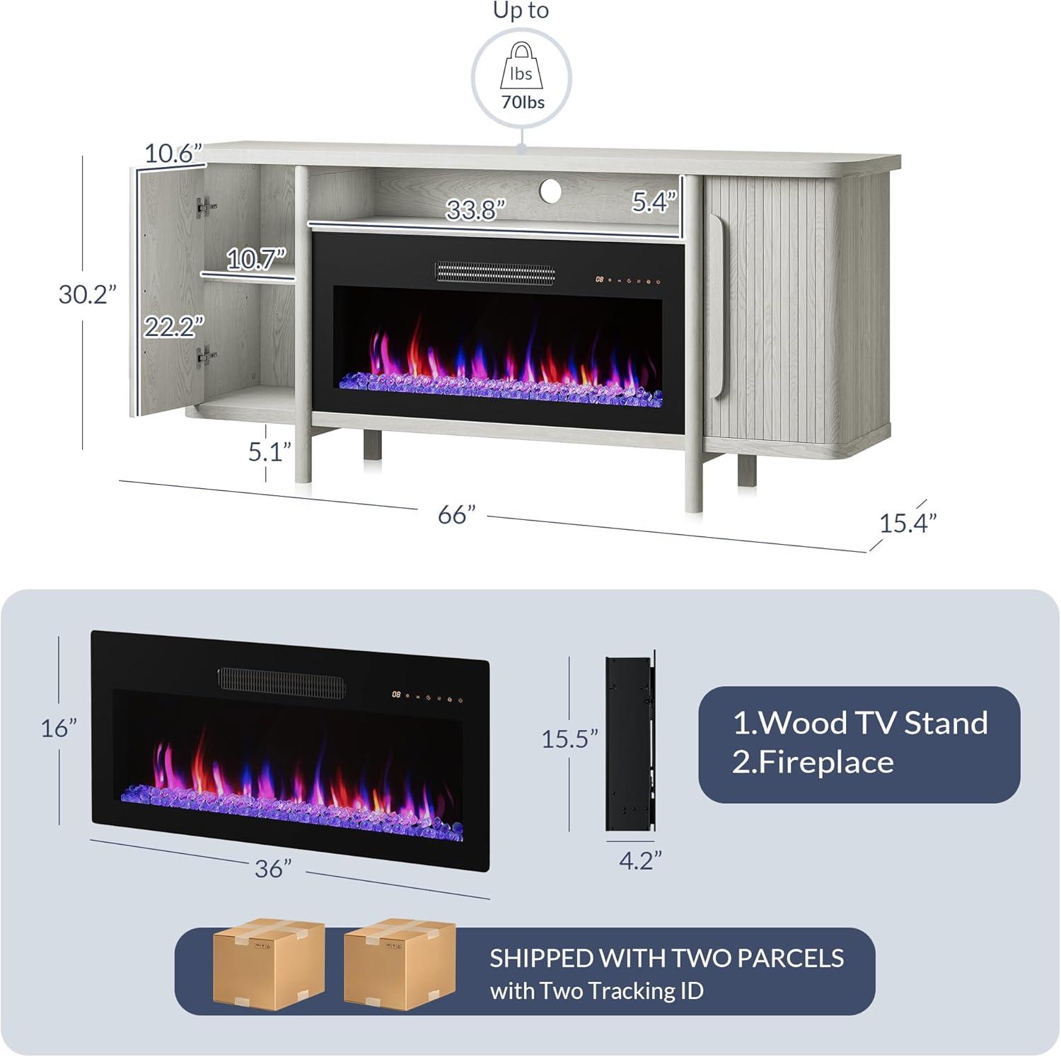 White 66" Wood TV Stand with Electric Fireplace and Cabinets