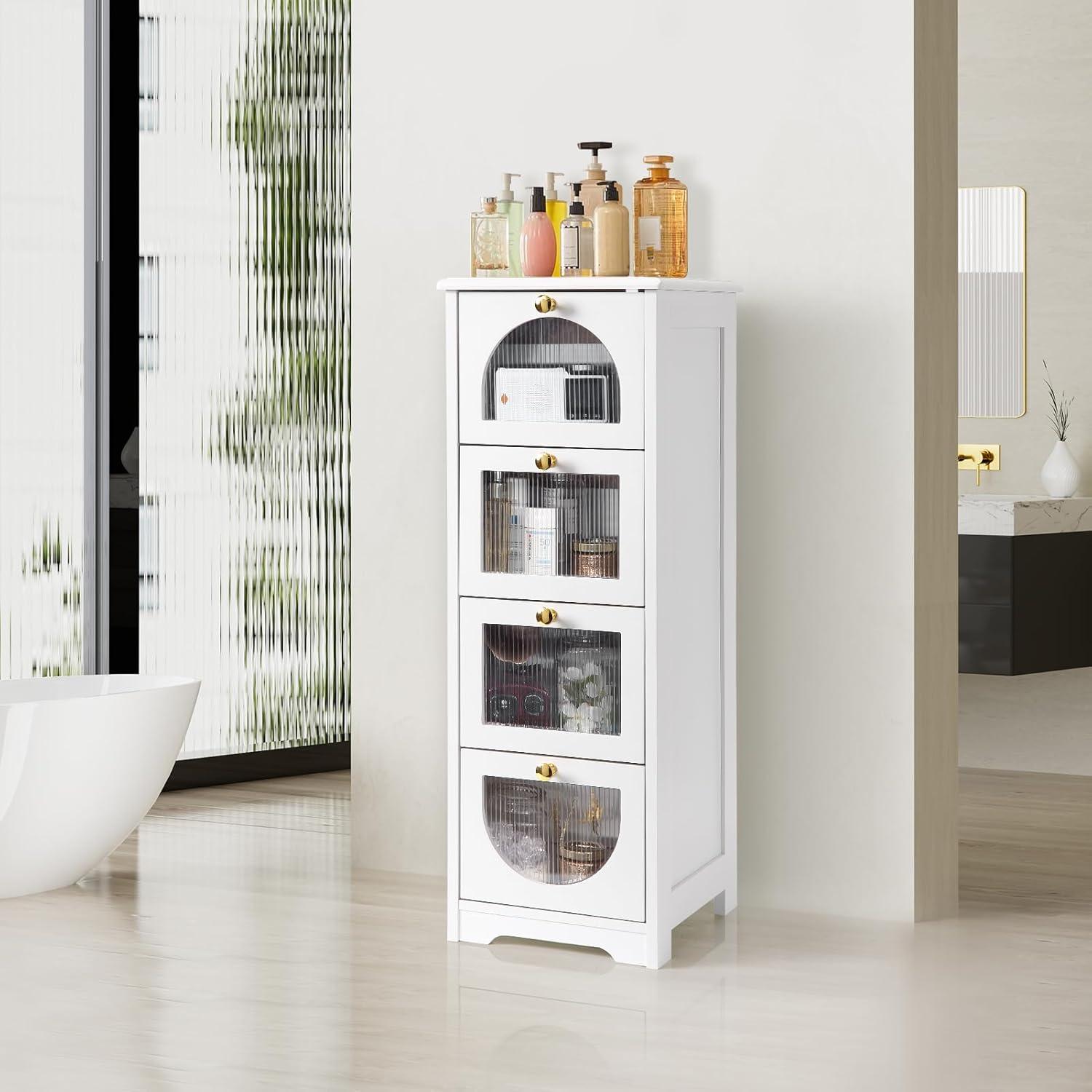 White Slim Wooden Storage Cabinet with Semitransparent Panels