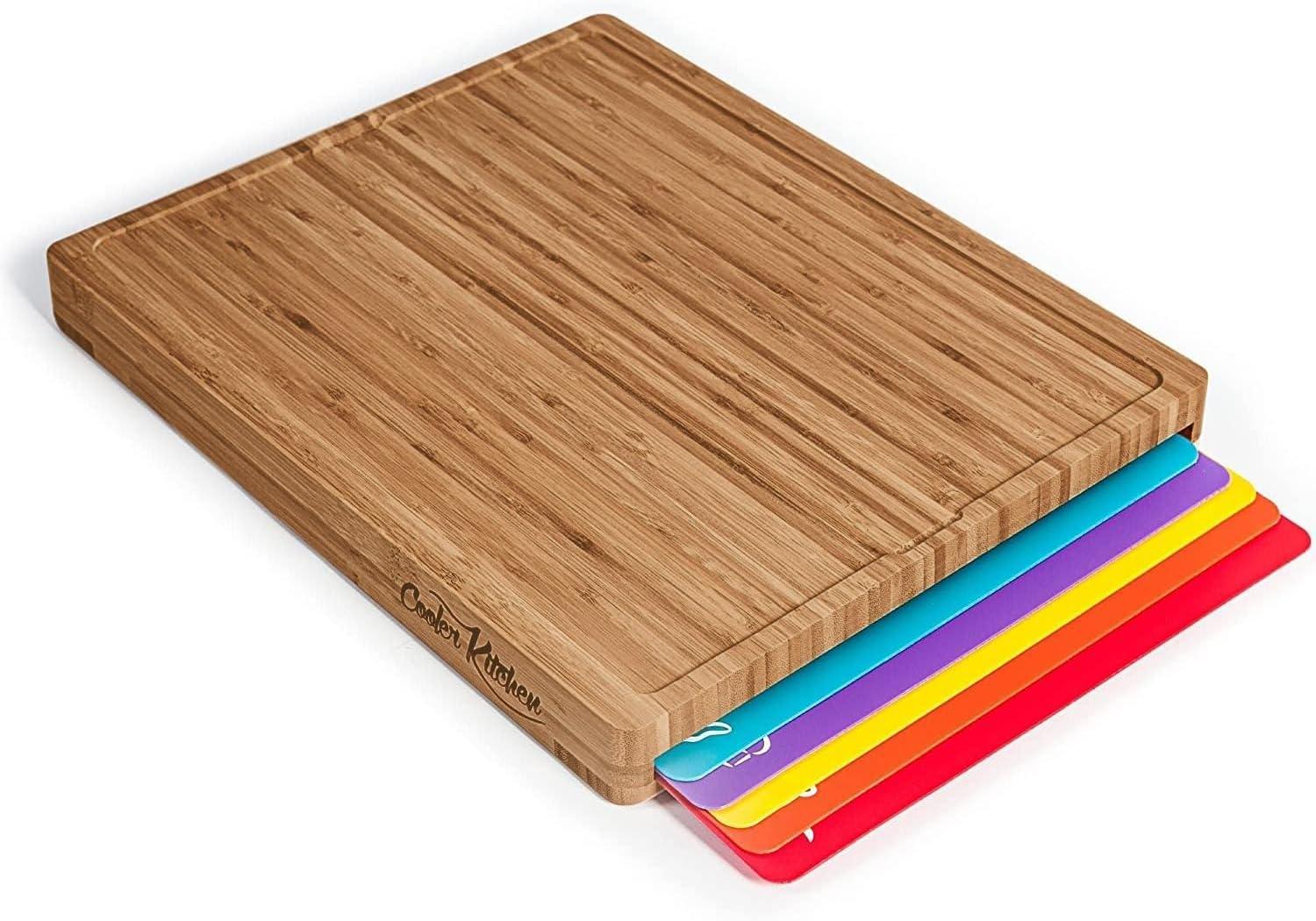 Tabla de Cortar de Madera de Bambú Fácil de Limpiar con Juego de 6 Tapetes de Corte Flexibles Codificados por Colores con Iconos de Comida - Juego de Tabla de Cortar