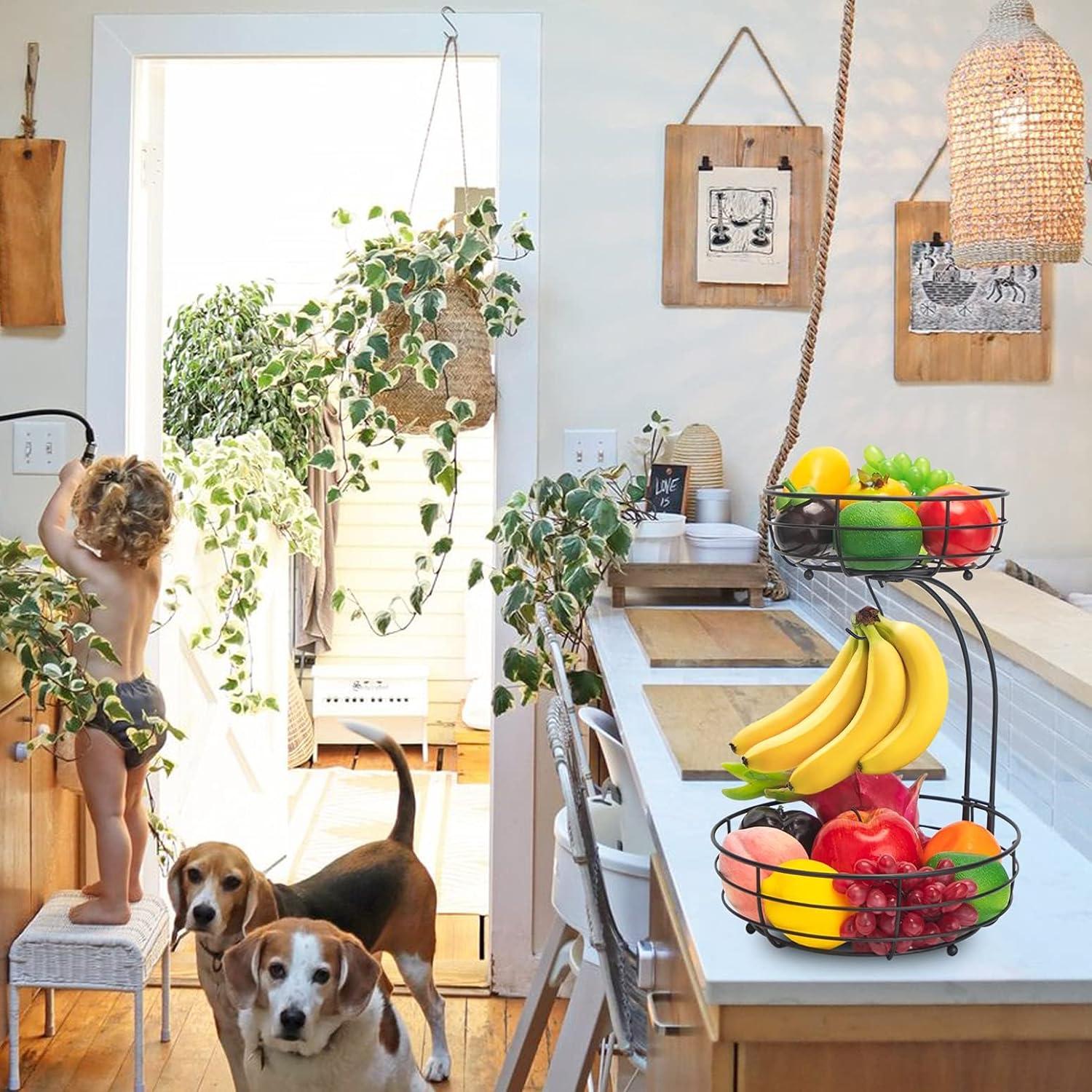 Black Metal 2-Tier Countertop Fruit Basket with Banana Hanger