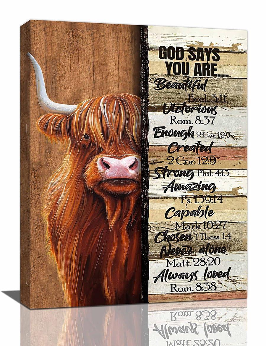 Farmhouse Highland Cow Decor Wall Art Farm Cow Inspirational Quotes God Says You are Pictures Wall Decor Canvas Painting Prints Artwork Decorations Framed for Bathroom Bedroom Kitchen 12"x16"