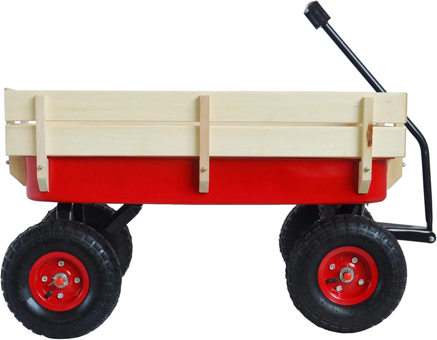 Red Iron Frame Outdoor Wagon with Wooden Panels