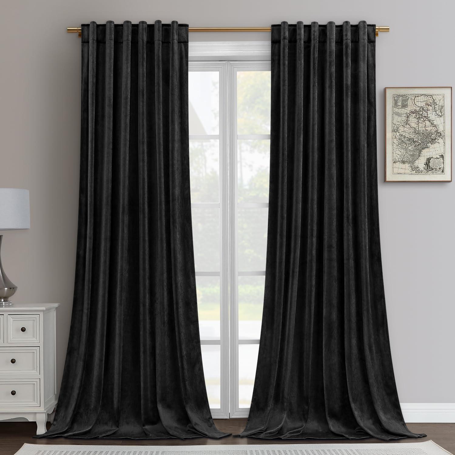 JIUZHEN Black Velvet Curtains for Living Room -96 inches Long Rod Pocket Thermal Insulated Room Darkening Window Drapes for Bedroom, Set of 2 Panels with Tiebacks, 52 x 96 inches