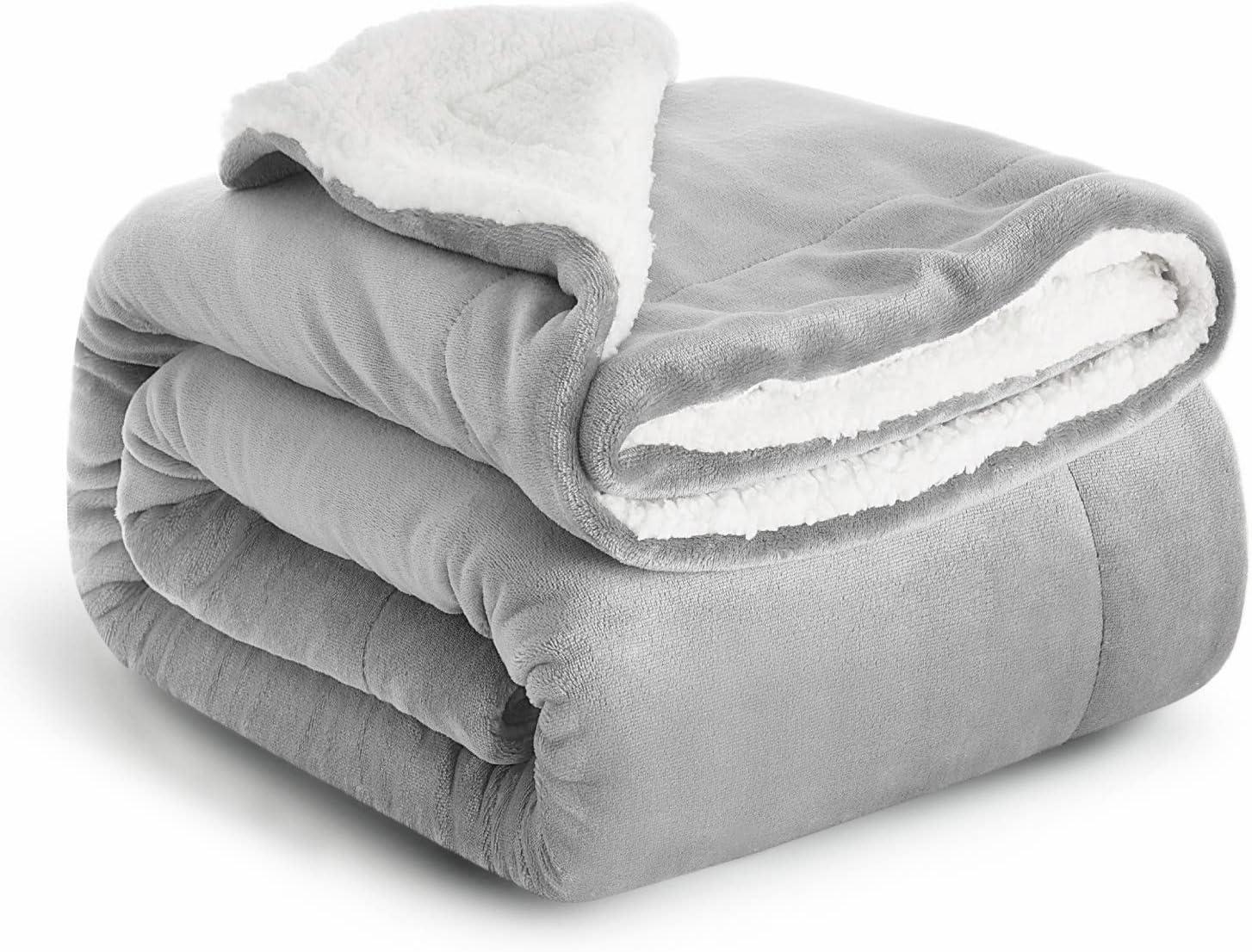 Silver Reversible Sherpa Fleece Throw Blanket, 50x60 Inches