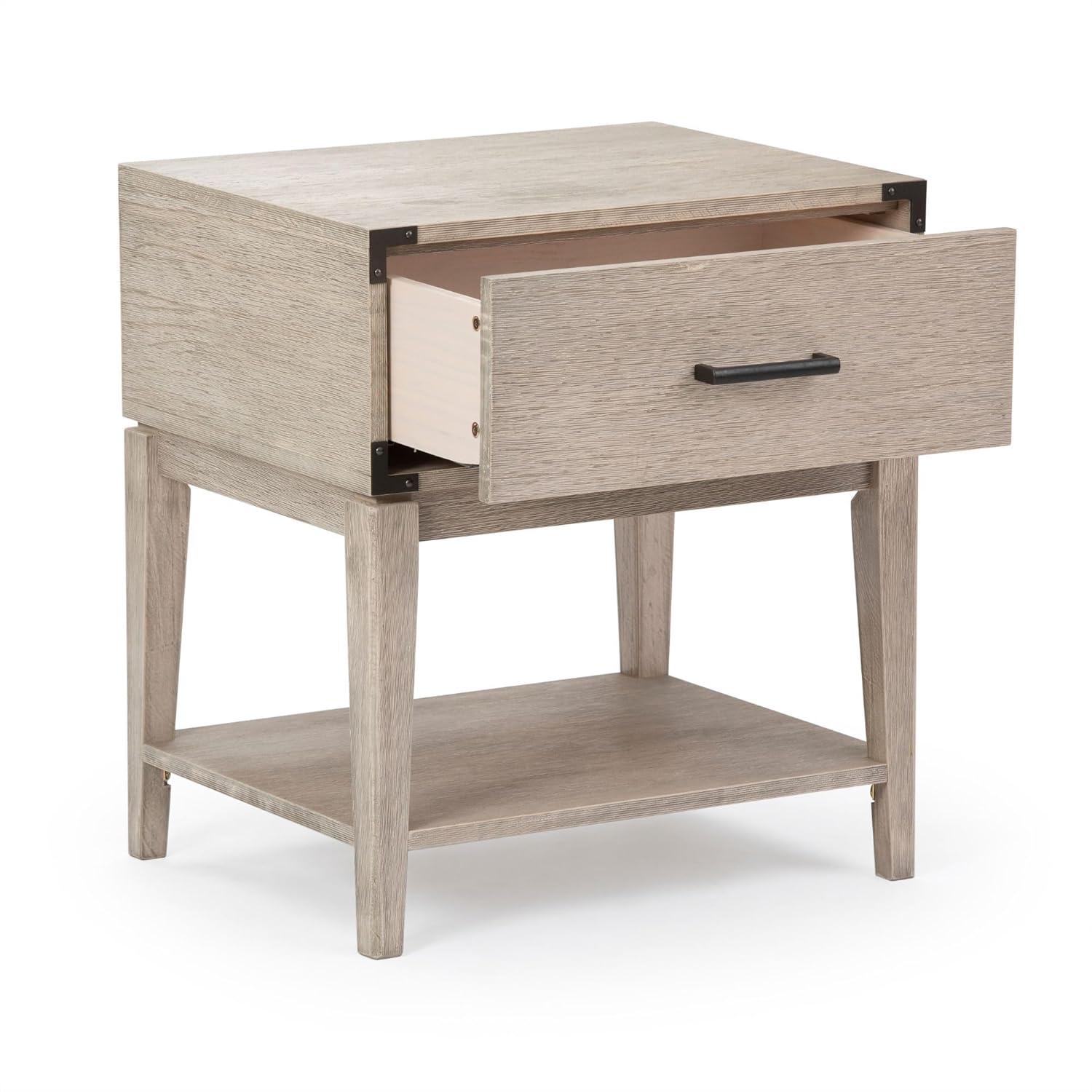 Plank+Beam Solid Wood Nightstand with 1 Drawer, Contemporary Side Table for Bedroom, Seashell Wirebrush