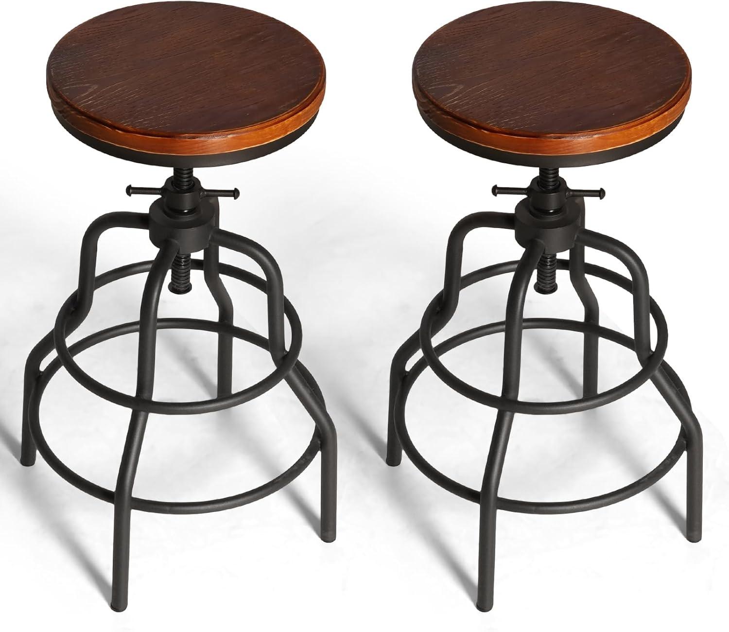 LOKKHAN Vintage Industrial Bar Stool-Rustic Swivel Bar Stool-Round Wood Metal Stool-Kitchen Counter Height Adjustable Pipe Stool-Cast Steel Stool 20-27 Inch (Set of 2)