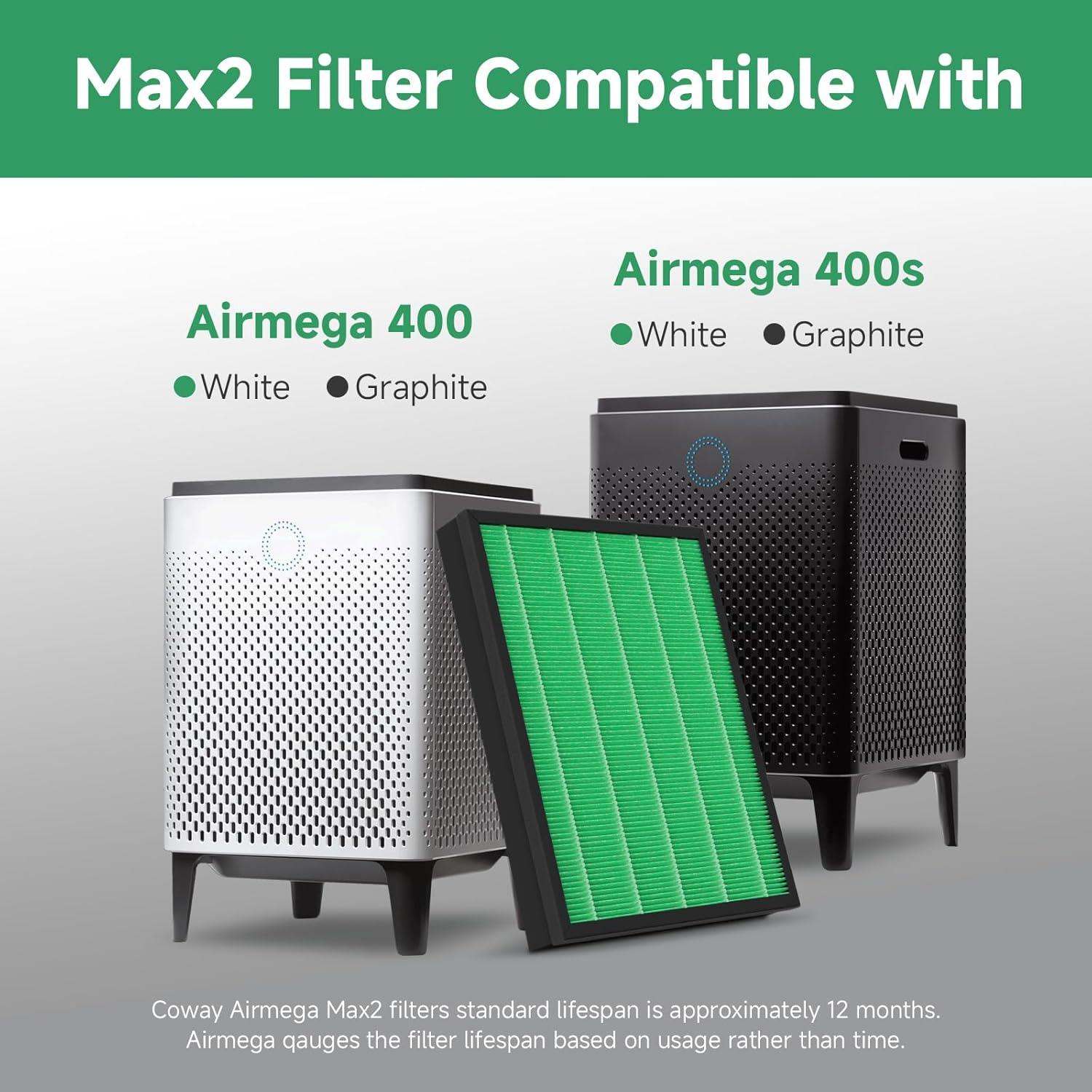 Coway Replacement Max2 Filter Set for Airmega 400 Series: True HEPA, Captures Smoke & Dust, Compatible with Coway Purifiers