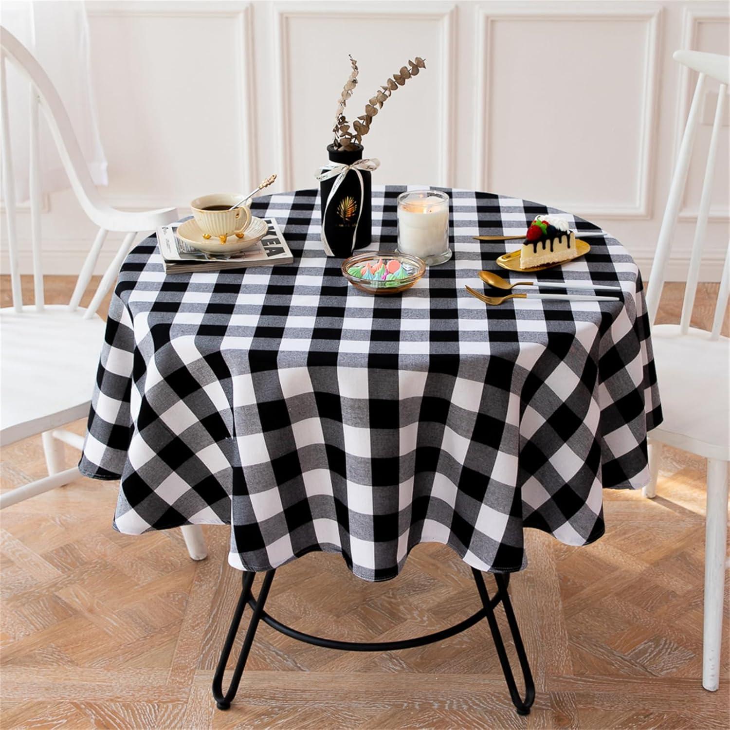 Buffalo Plaid Round Tablecloth Checkered Cotton Linen Table Cover for Kitchen Dining Room Home Decor ( Round - 48 Inch, White & Black )