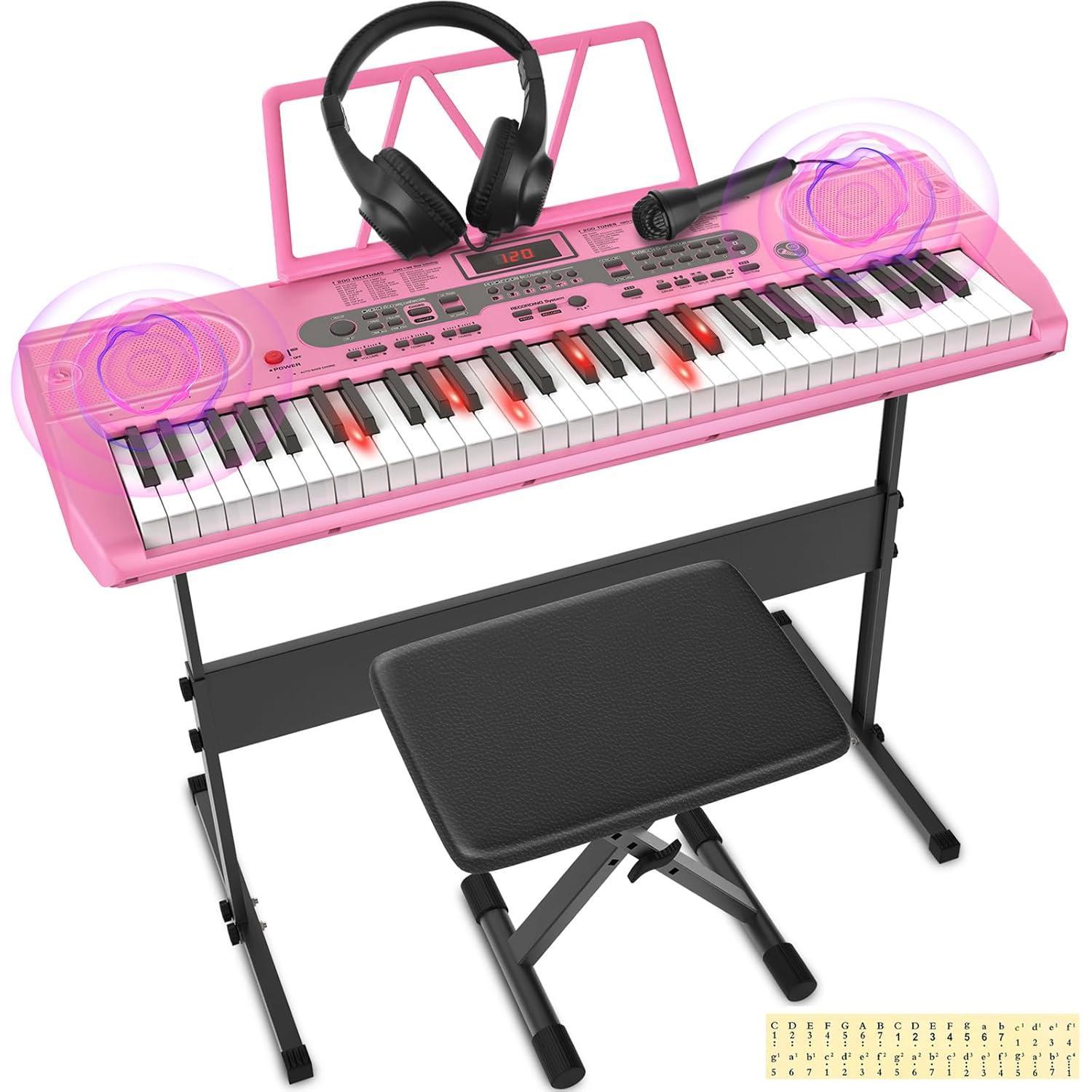 Fenbeli 61 Key Piano Keyboard with Lighted Keys Electric Keyboard Kit with Stand, Bench, Headphones, Built-in Speakers, Pink