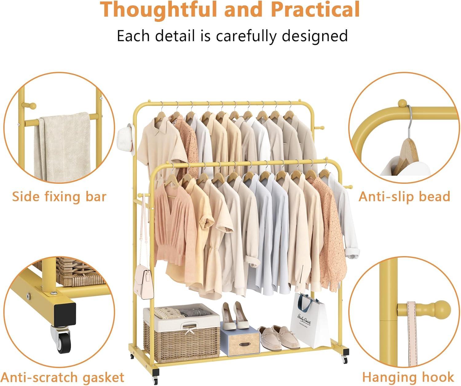 Gold Double Rods Portable Garment Rack with Wheels and Hooks