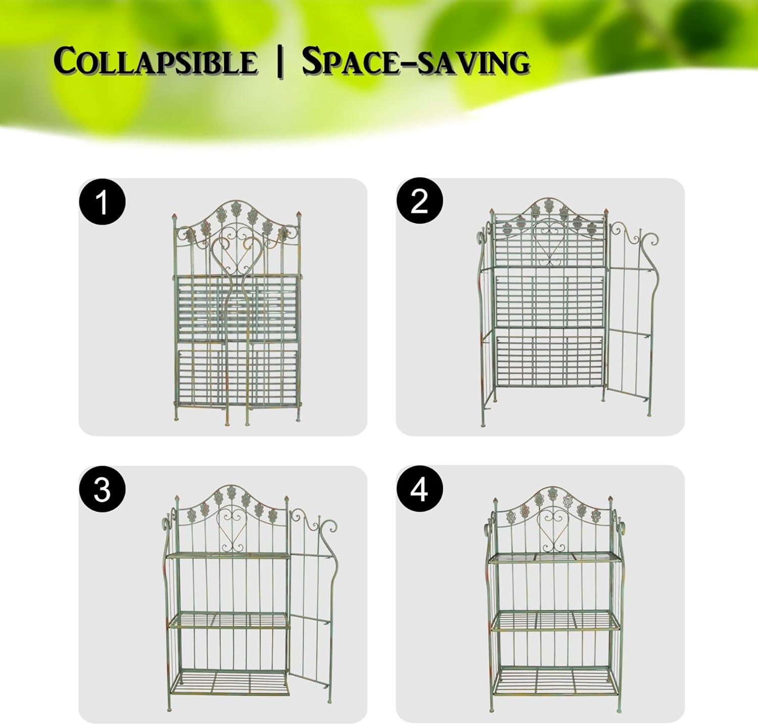 Pre-Assembled Folding Metal Shelf | Plant Stand | Shelving Unit | Bookcase | Outdoor Baker's Rack with Scrolling Heart & Peacock Tail Motif