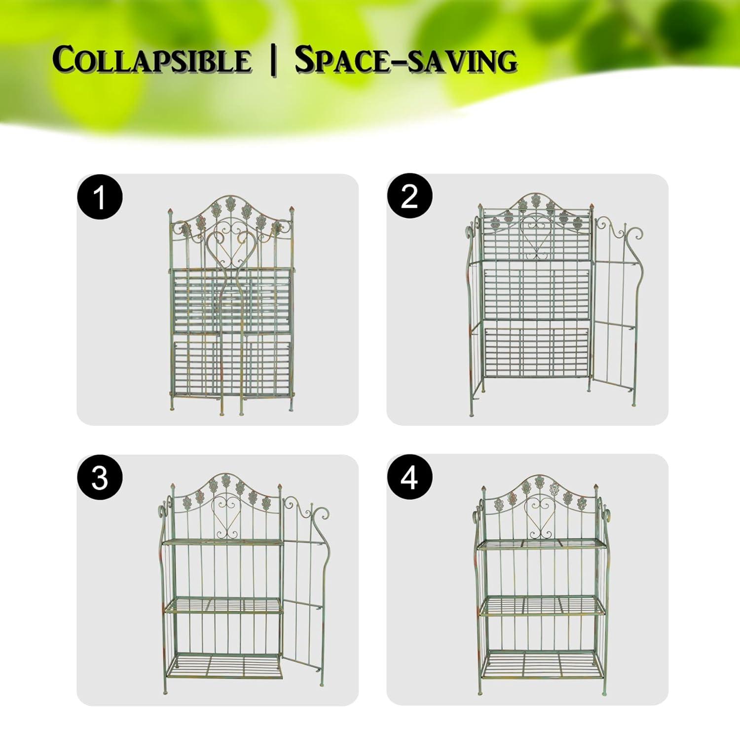 Pre-Assembled Folding Metal Shelf | Plant Stand | Shelving Unit | Bookcase | Outdoor Baker's Rack with Scrolling Heart & Peacock Tail Motif