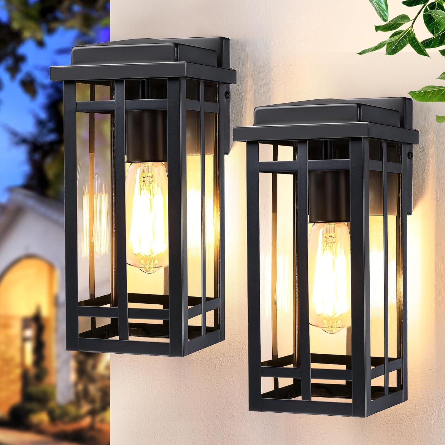 Black Modern Outdoor Wall Lanterns with Tempered Glass Shade, 9.76''
