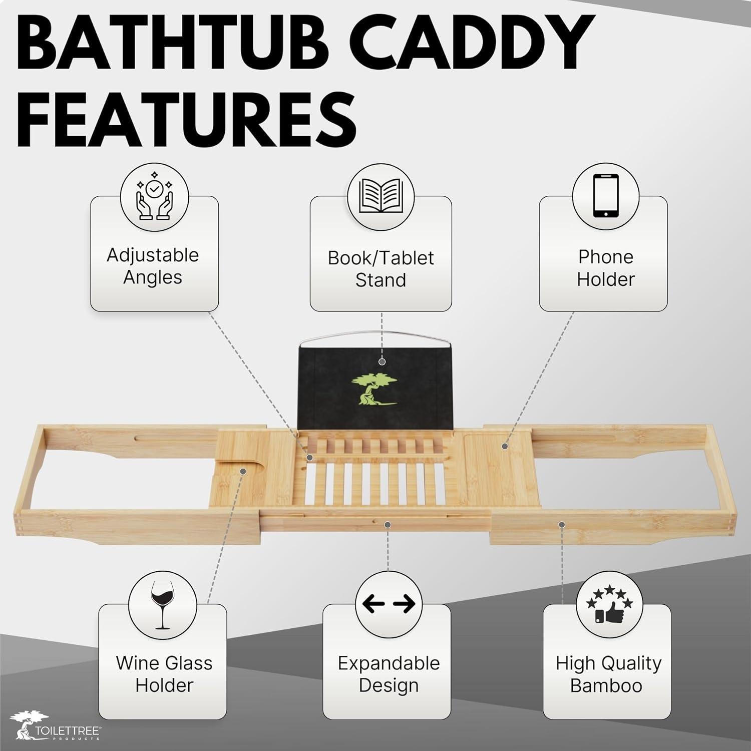 ToiletTree Products Bamboo Bathtub Caddy with Extending Sides and Adjustable Book Holder