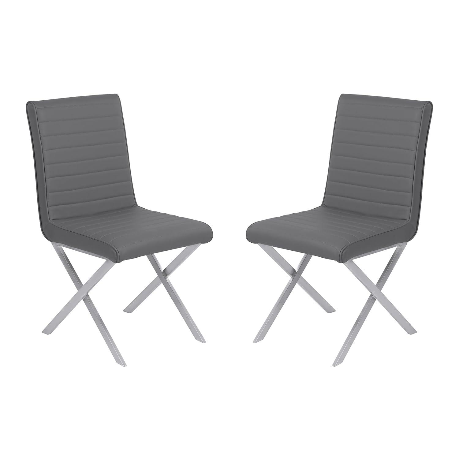 Armen Living Tempe Faux Leather Dining Chair in Gray/Stainless Steel (Set of 2)