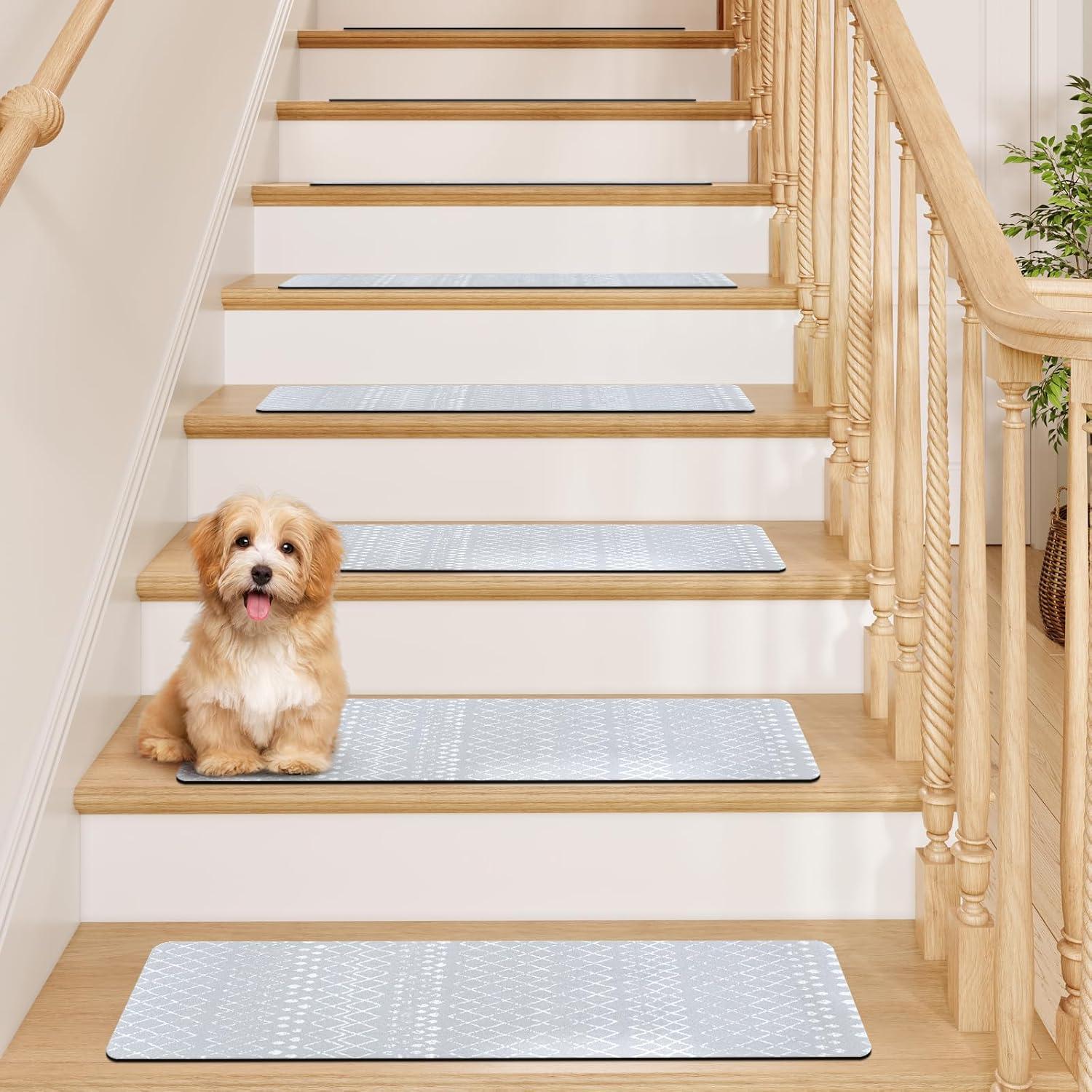 Bungalow Rose Stair Treads Non Slip For Wooden Steps, 15PCS 8"X30" Grey Rubber Backing Stair Runner Mats, Washable Reusable Carpet For Stairs Rugs Indoor Safety Staircase Step Treads For Kids Elders Dogs