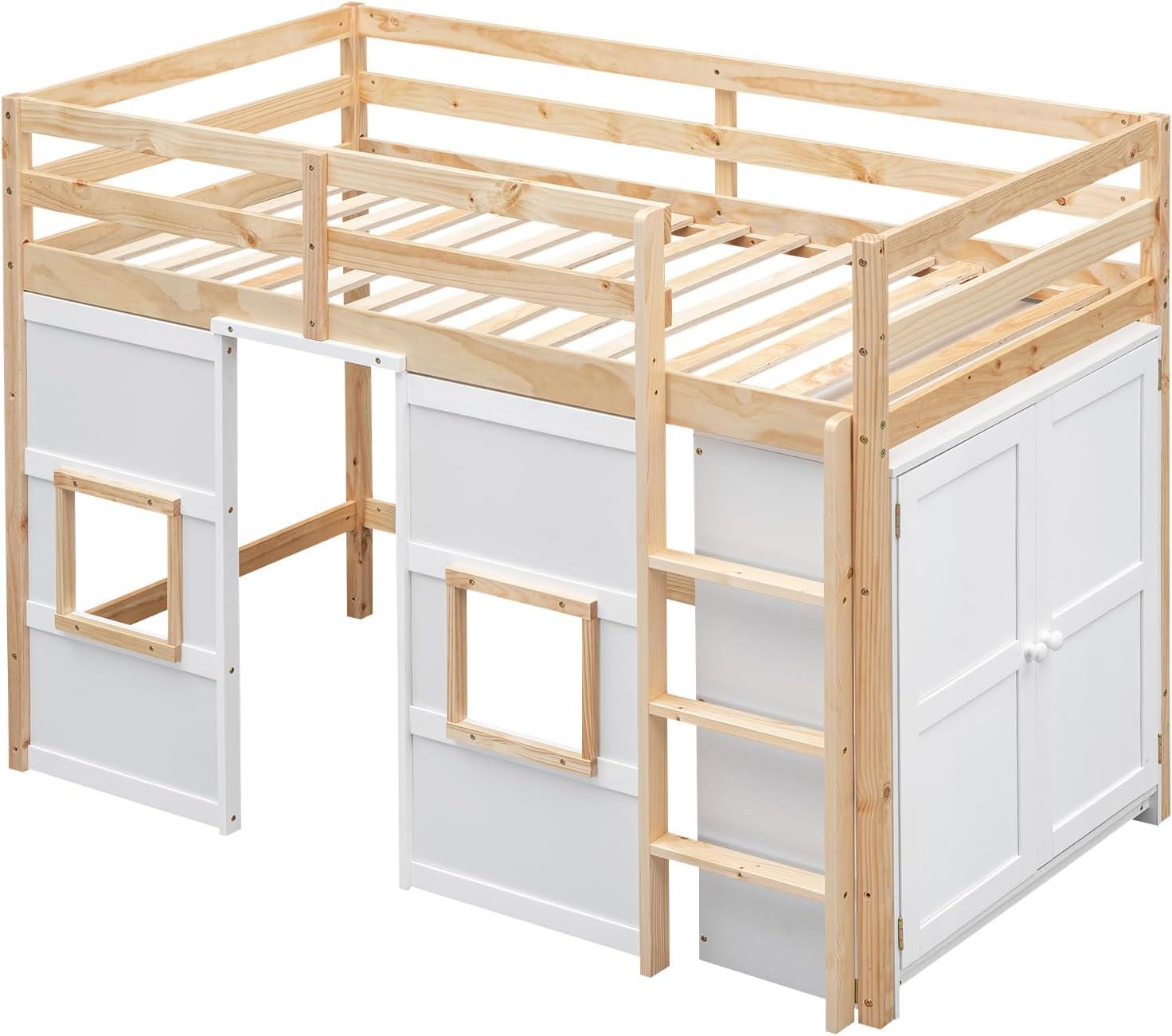 Merax Wood Loft Bed Twin Size with Storage Wardrobe, 2 Windows Design, for Teens, Boys & Girls, White