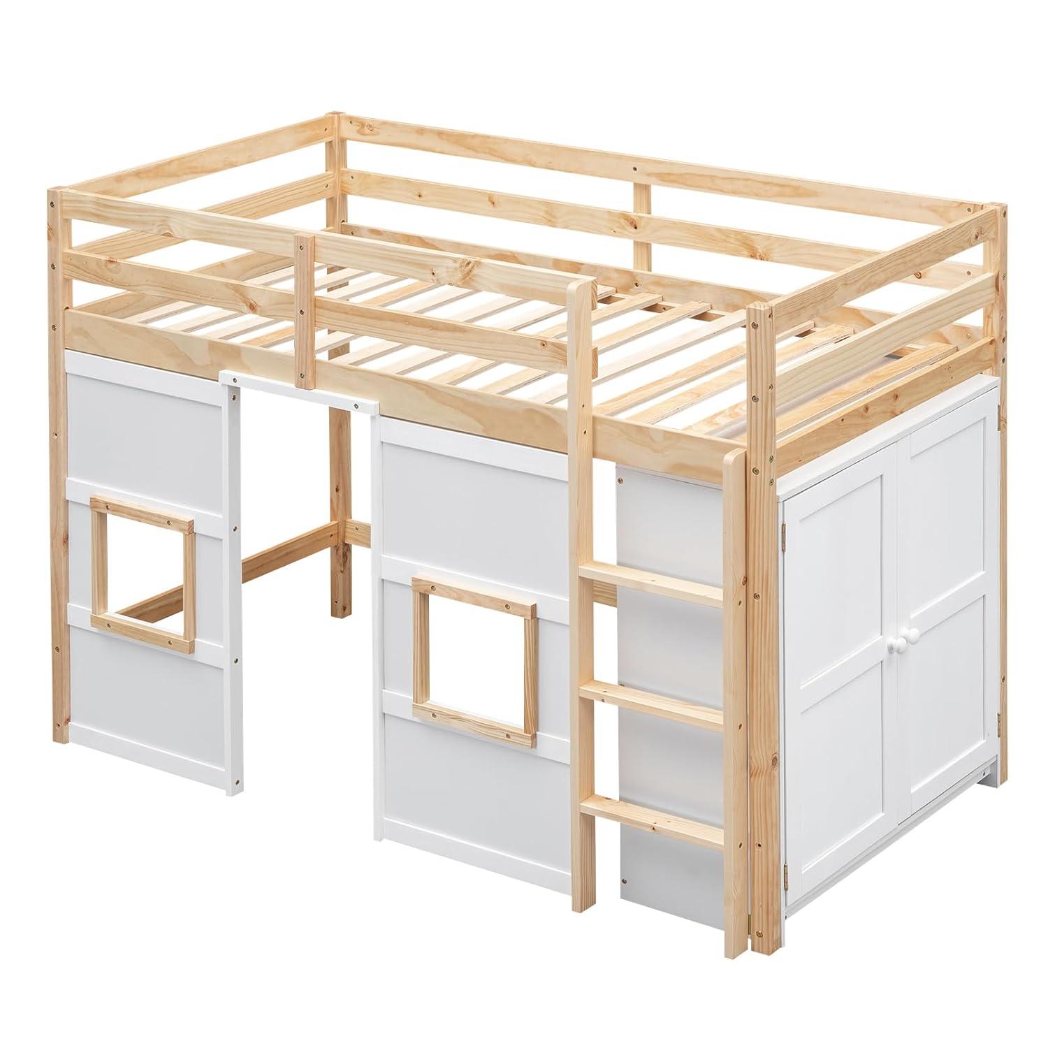 Merax Wood Loft Bed Twin Size with Storage Wardrobe, 2 Windows Design, for Teens, Boys & Girls, White