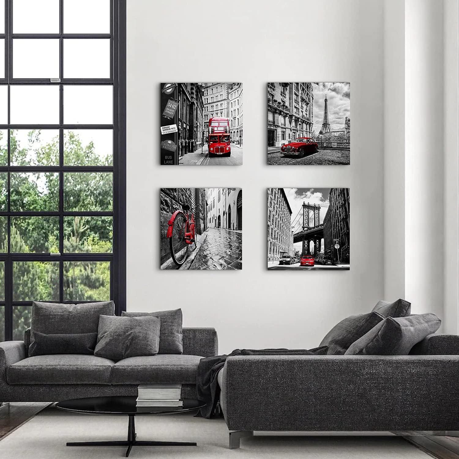 Black and White Wall Decor City Framed Canvas Wall Art for Living Room Red New York London Italy Paris Pictures Cityscape Modern Artworks Bedroom Bathroom Office Kitchen Home Decorations 16×16" 4 Pcs