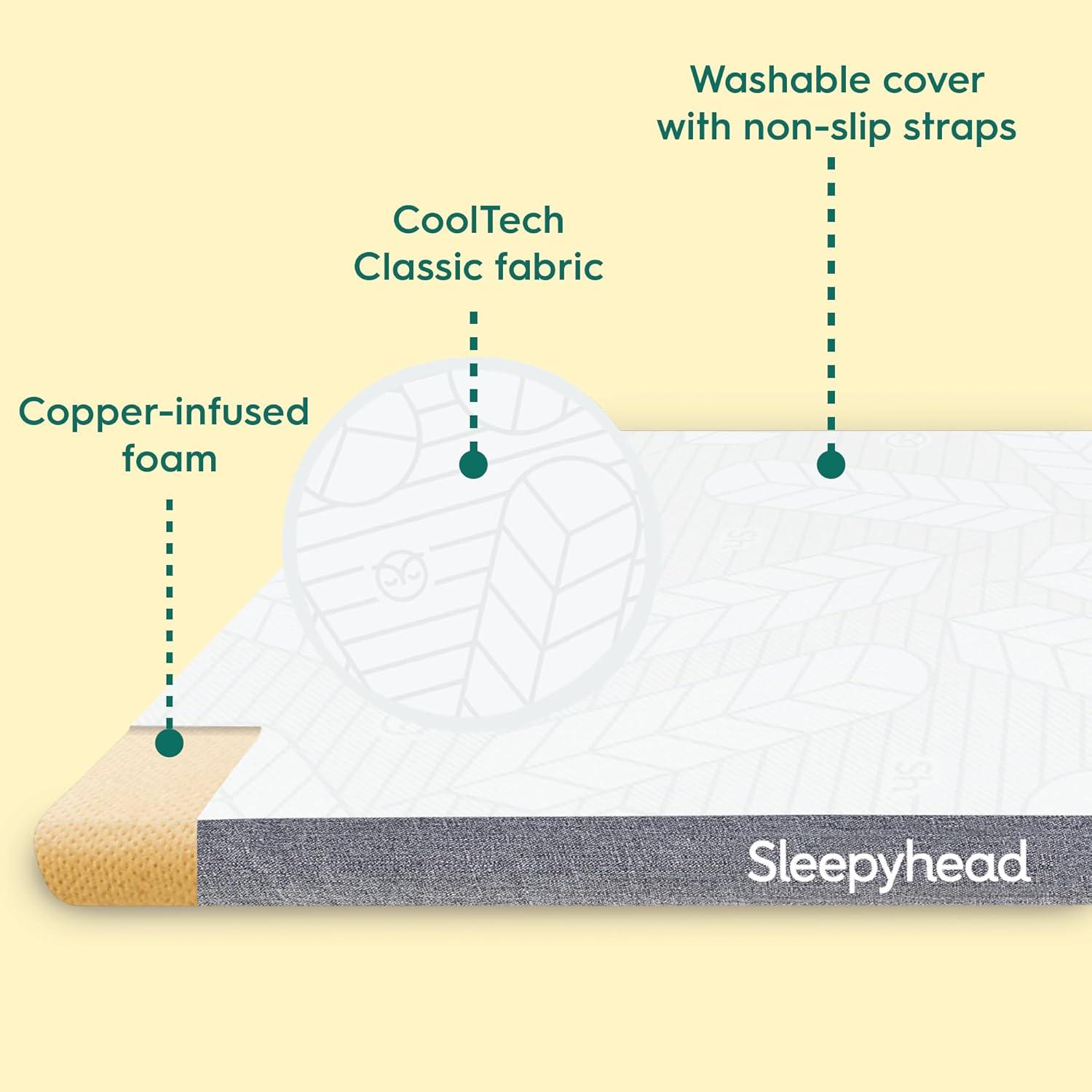 Sleepyhead Twin XL 2 Inch Copper Infused Cooling Memory Foam Mattress Topper – Washable Cover, Thick & Comfortable College Dorm Bedding Pad, Dorm Room Essentials (XL Twin 2")