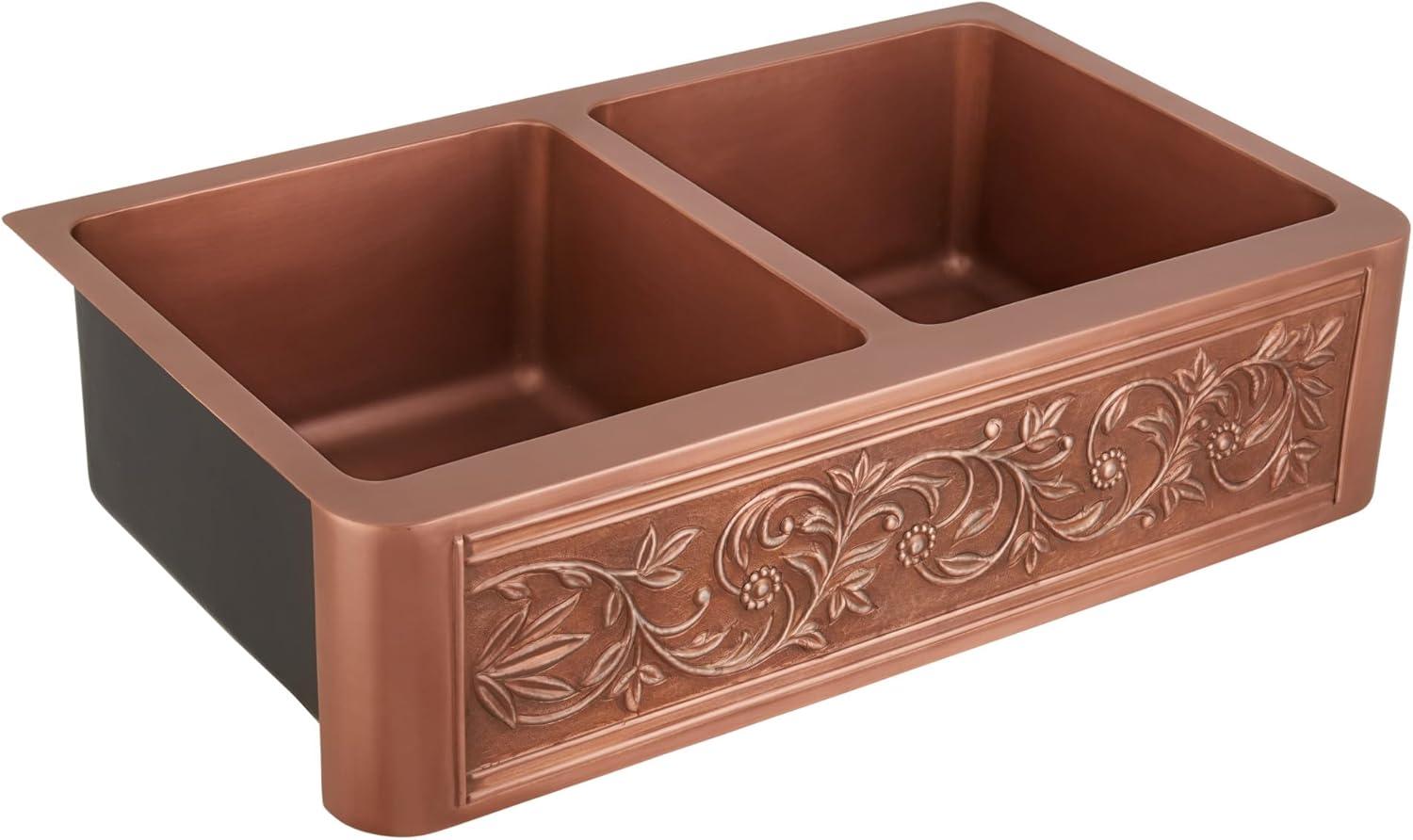 36" Vine Design Double-Bowl Copper Farmhouse Sink