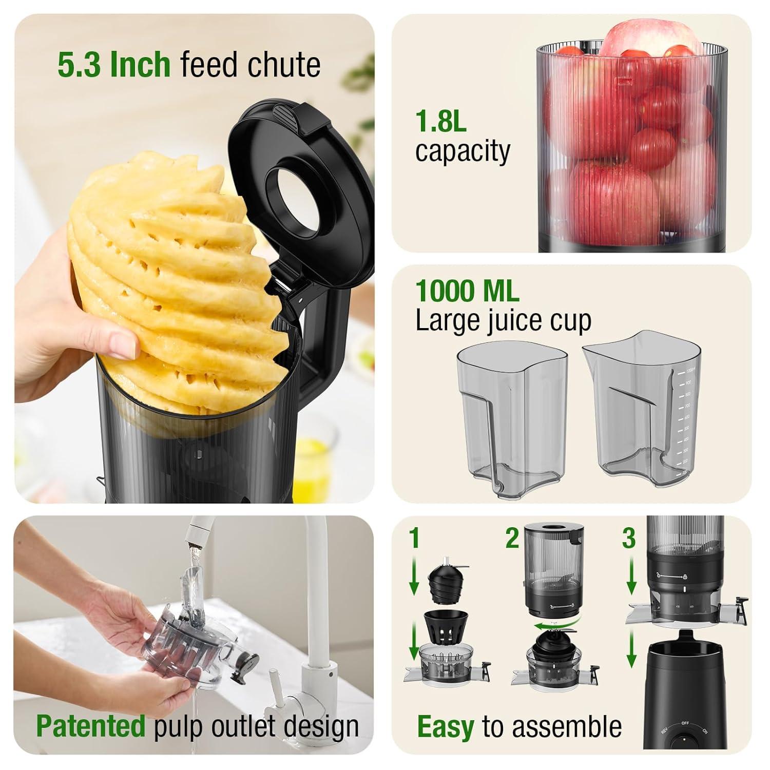 MODERN WALLS LLC Juicer Machines, Cold Press Juicer With 5.3" Extra Large Feed Chute Fit Whole Fruits & Vegetables Easy To Clean, High Juice Yield, BPA Free