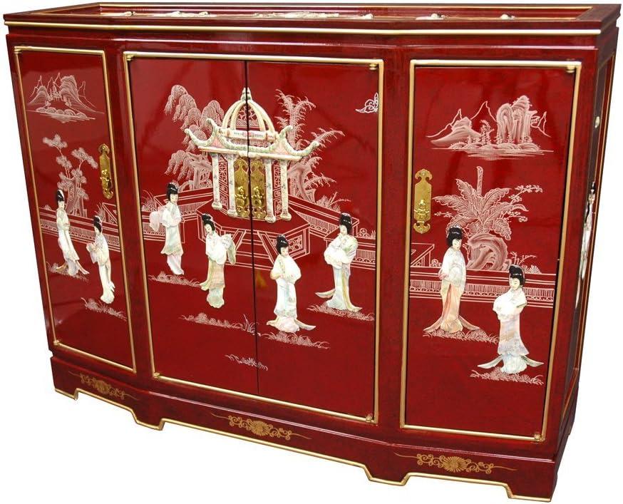 Oriental Furniture Slant Front Cabinet, Red color, 40.00"Wx 32.00"H