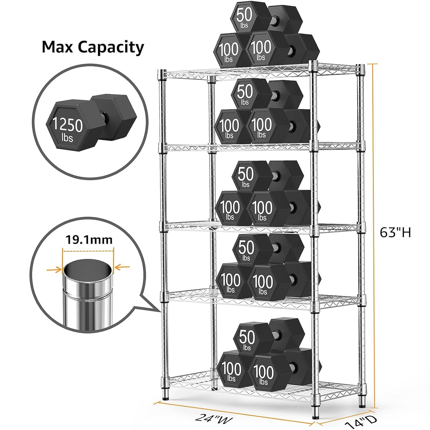 1250 lbs Steel Heavy Duty 5-Tier Utility Shelving Unit Steel Organizer Wire Rack for Home,Kitchen,Office,Chrome (13.7" D x 23.6" W x 62.4" H)
