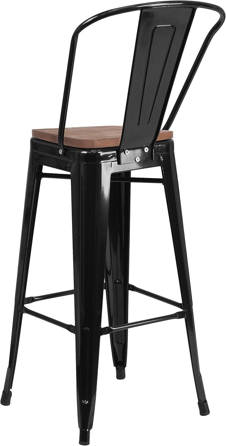 Emma and Oliver 30"H Blue Metal Barstool with Back and Wood Seat