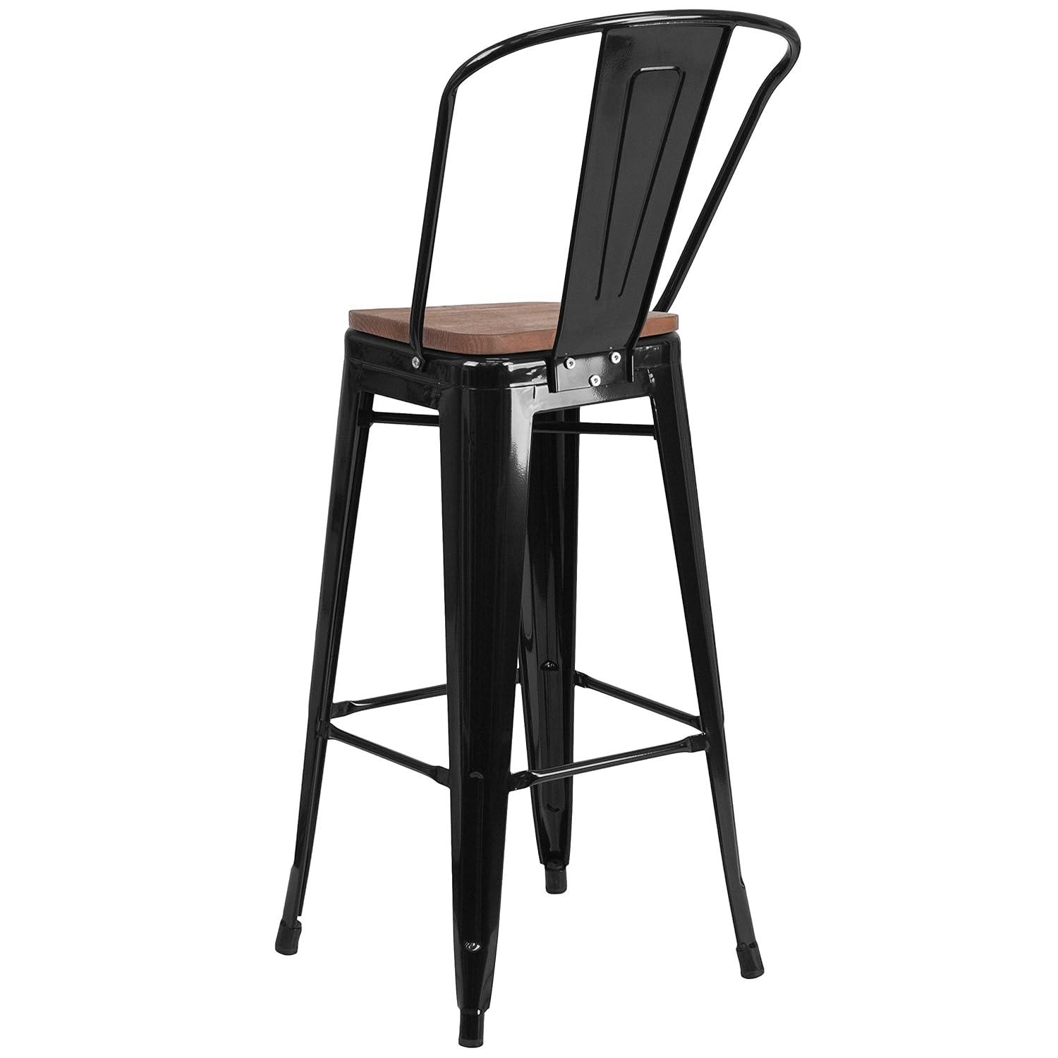 Emma and Oliver 30"H Blue Metal Barstool with Back and Wood Seat