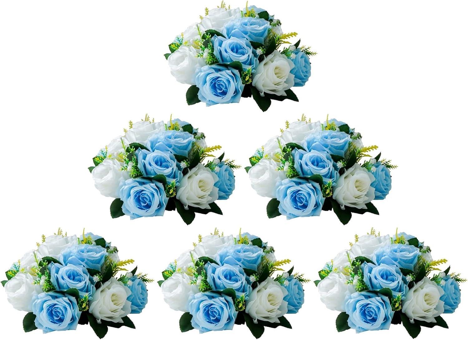 Nuptio Set of 2 Blue&White Artificial Flower Kissing ball, 15 Heads Fake Peony Silk Rose Flowers Bouquet for Centerpiece Wedding Birthday Party Home Table Decor