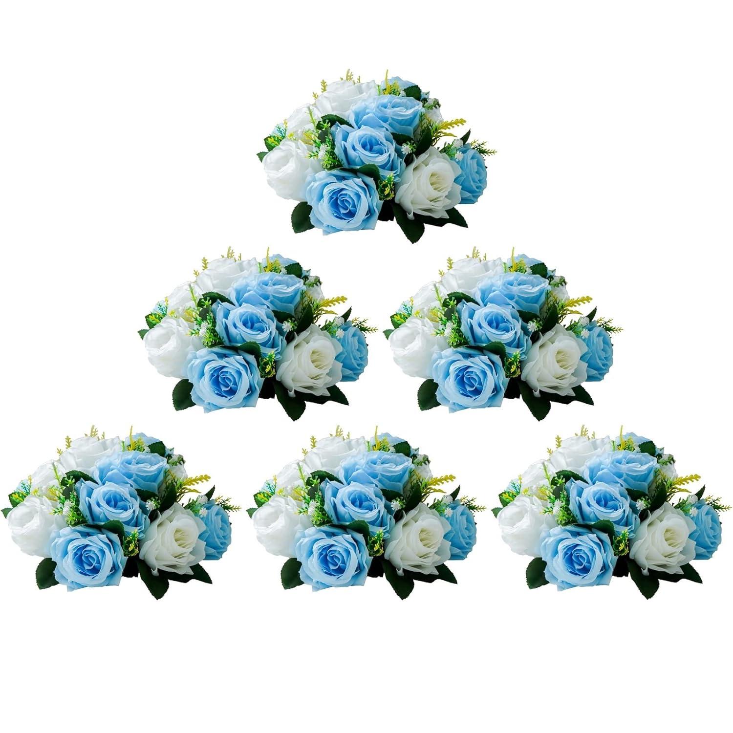 Nuptio Set of 2 Blue&White Artificial Flower Kissing ball, 15 Heads Fake Peony Silk Rose Flowers Bouquet for Centerpiece Wedding Birthday Party Home Table Decor