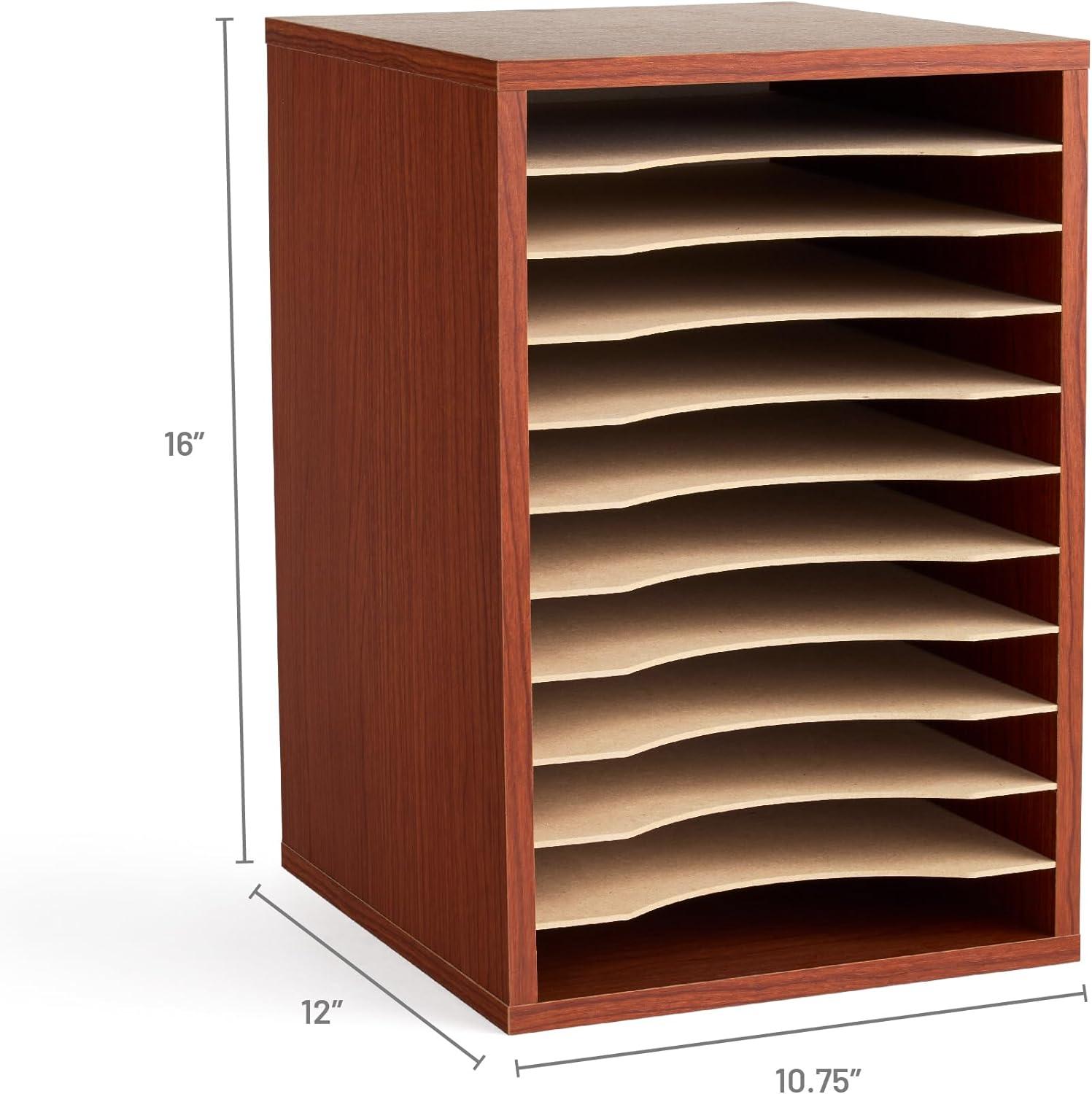 Cherry Wood 11-Compartment Desktop Organizer with Adjustable Shelves