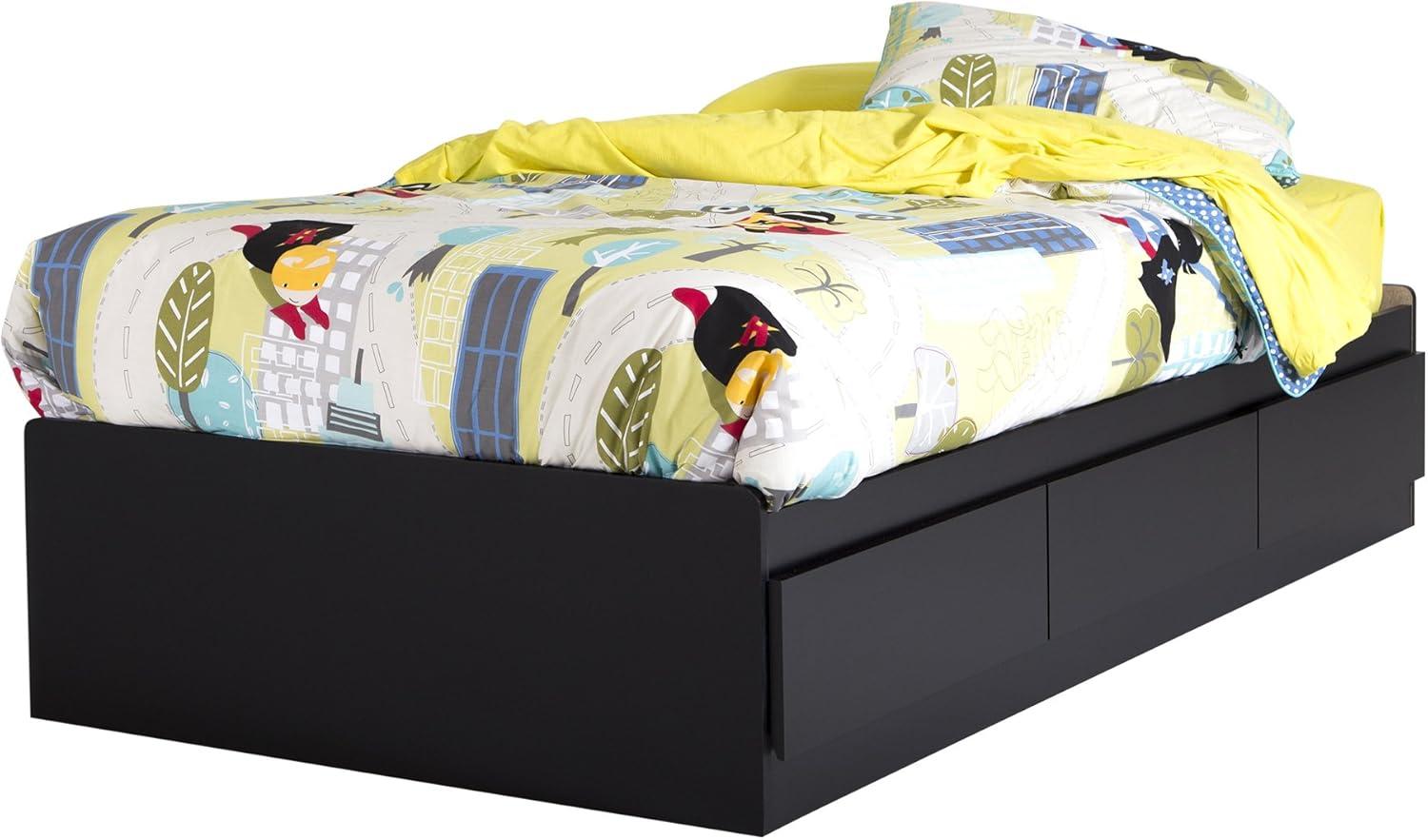 Pure Black Twin Wood Platform Bed with 3 Drawers