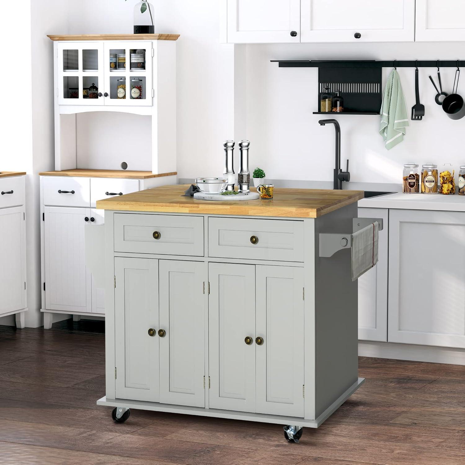 Gray Rolling Kitchen Island Cart with Rubberwood Top and Storage