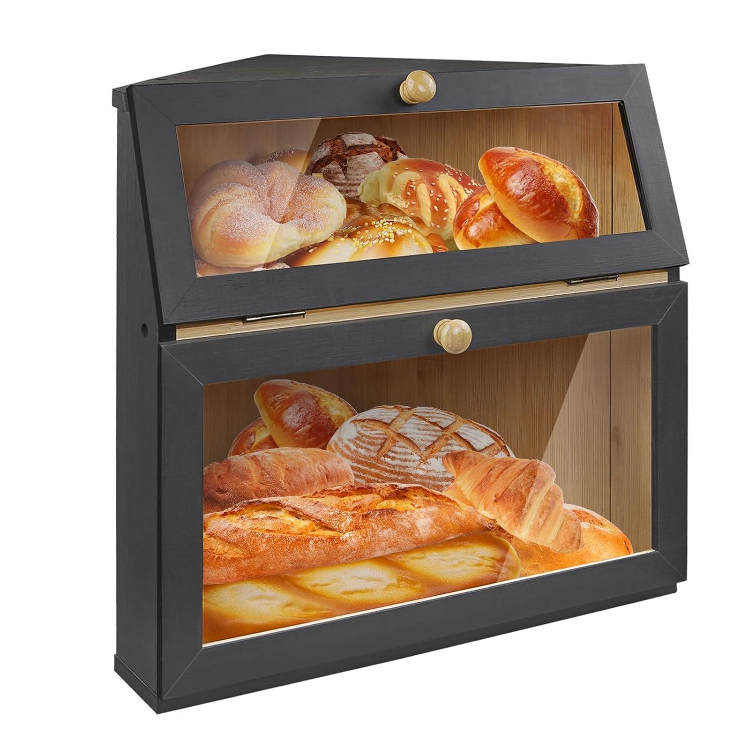 Bamboo Bread Container for Countertop, Double Layer Bread Storage with Acrylic Door Panel, Wooden Large Capacity Storage Bins for Kitchen Pantry Cupboard(Black)