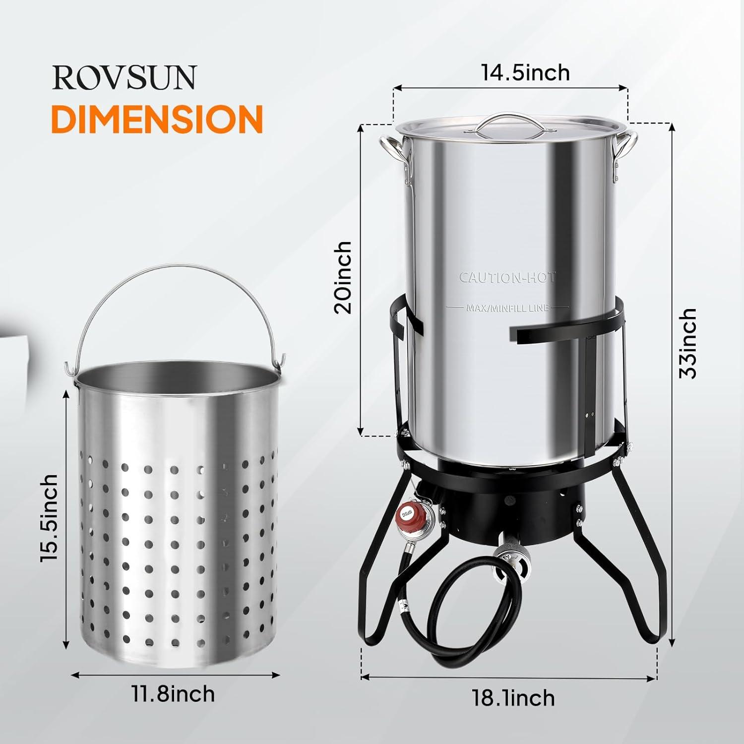 ROVSUN 50QT Turkey Fryer with Stainless Steel Boiler Steamer Basket & 54,000BTU Propane Burner, Outdoor Gas Deep Fryer & Seafood Crawfish Boil Pot Set with High Pressure Propane Regulator and Hose