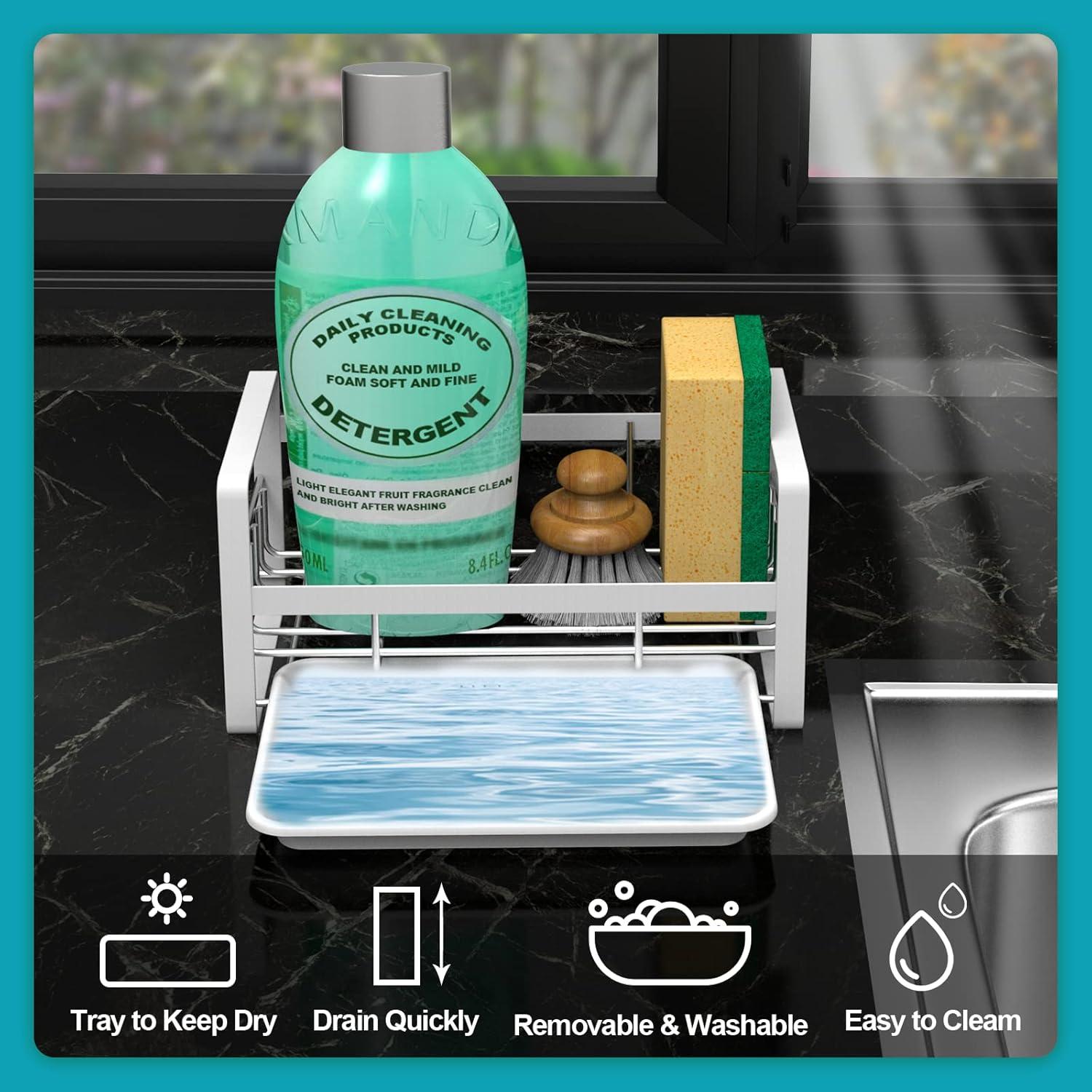 VANTEN Kitchen Sink Caddy - Silver Sink Organizer, Sponge/Soap Dish Dispenser with Brush Holder, Adhesive/Countertop Mount