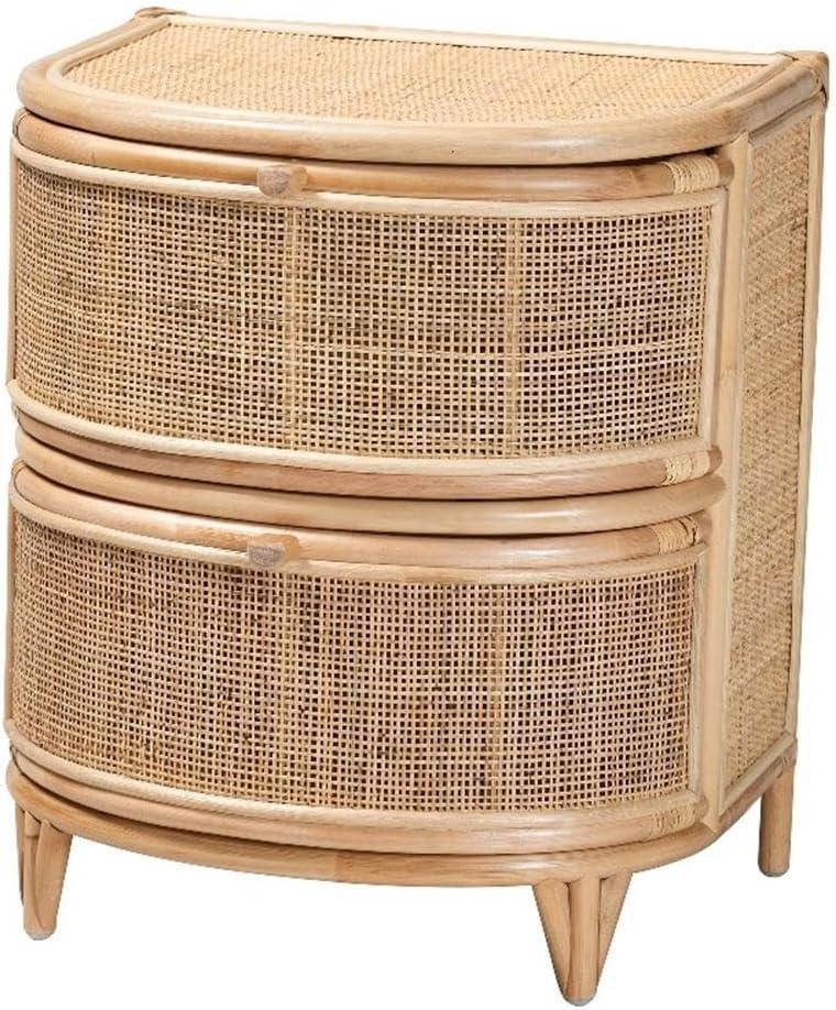 Natural Brown Rattan 2-Drawer Curved Nightstand