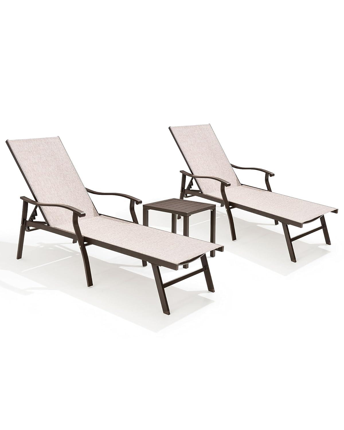 Beige Aluminum Outdoor Chaise Lounge with Armrests, Set of 2