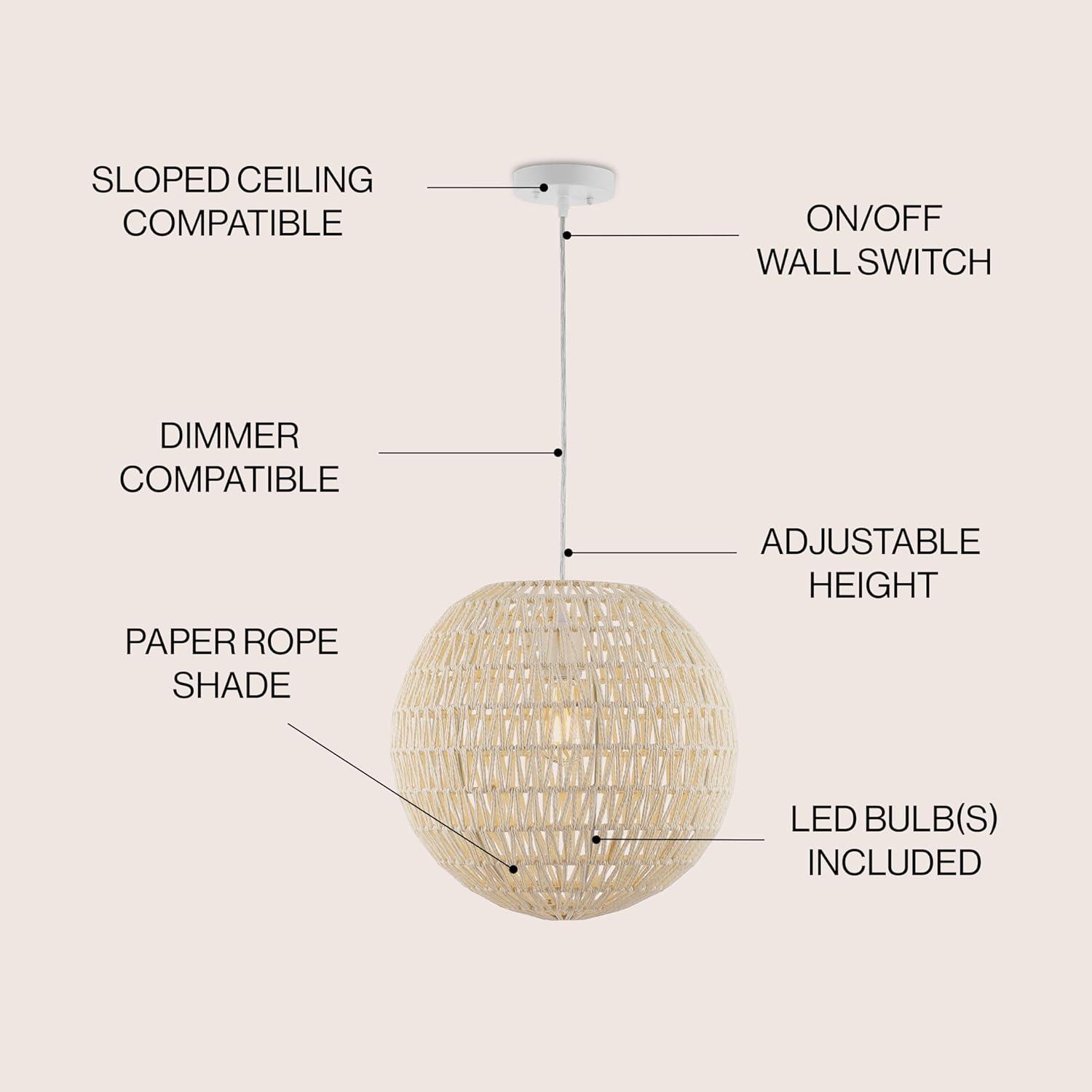Luna 15.75" 1-Light Bohemian Modern Woven Rattan/Iron LED Pendant, Cream/White