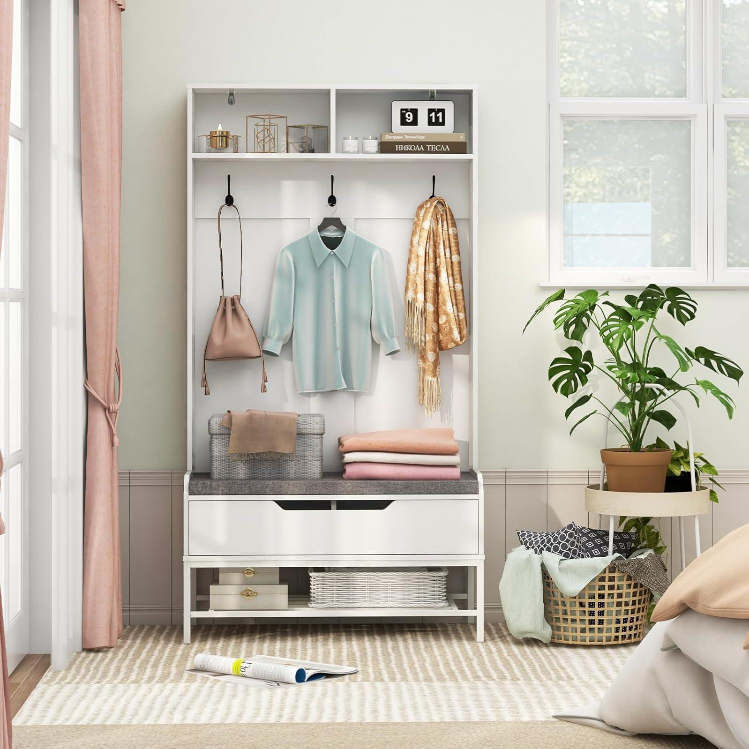 Kadyn Coat Hanger Organizer,Coat Rack, Hall Tree, 69 Inches Tall Hall Tree 4-in-1 Coat Rack with Seat Cushion and Shoe Storage-White