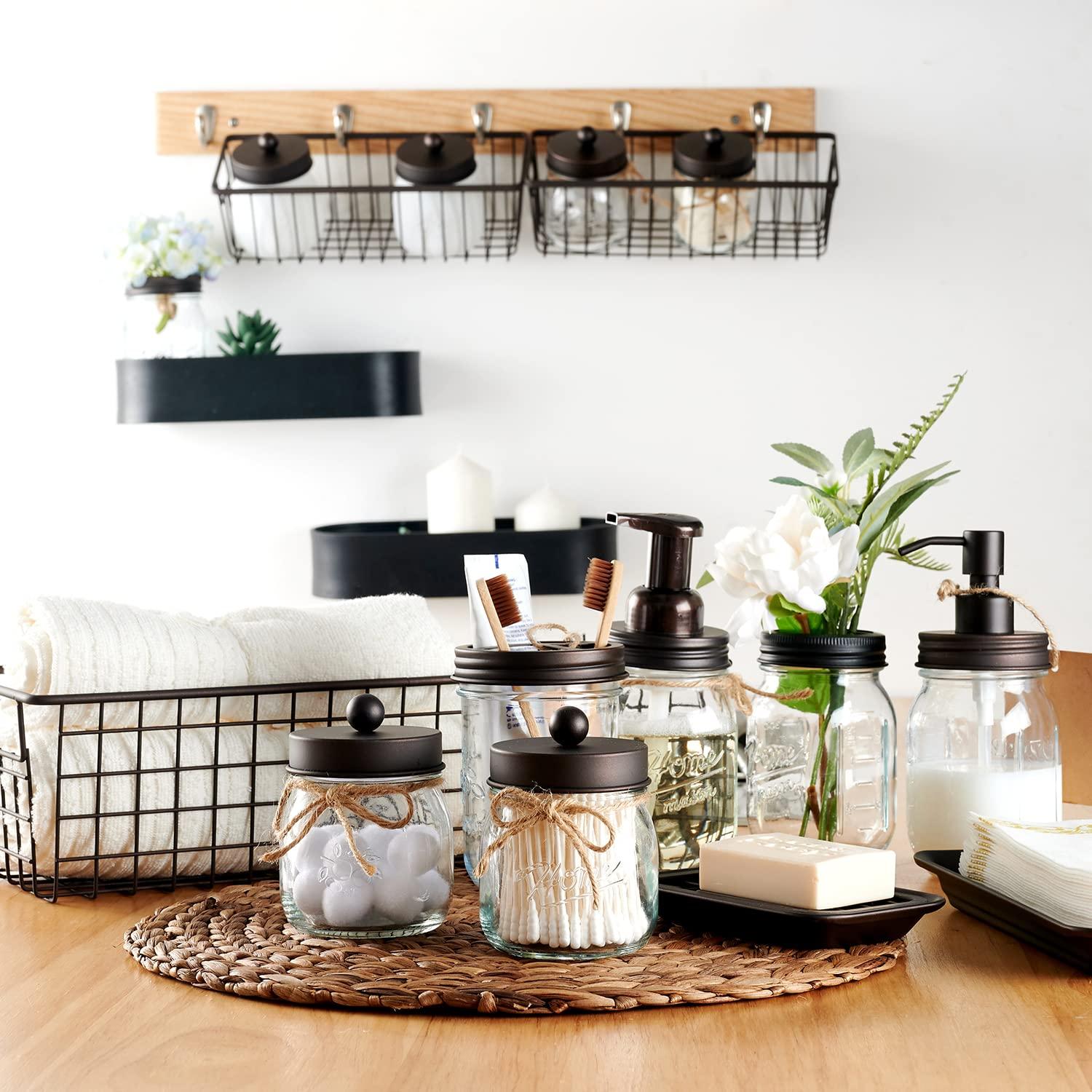 Premium Mason Jar Bathroom Accessories Set (6PCS) - Lotion Soap Dispenser,Toothbrush Holder,2 Apothecary Jars(Qtip Holder), Soap Dish,Storage Organizer Basket - Rustic Farmhouse Decor (Bronze)