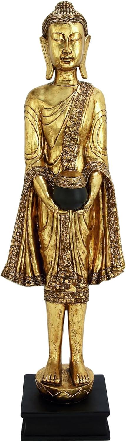 16" x 54" Gold Resin Meditating Buddha Sculpture with Engraved Carvings and Relief Detailing, by DecMode